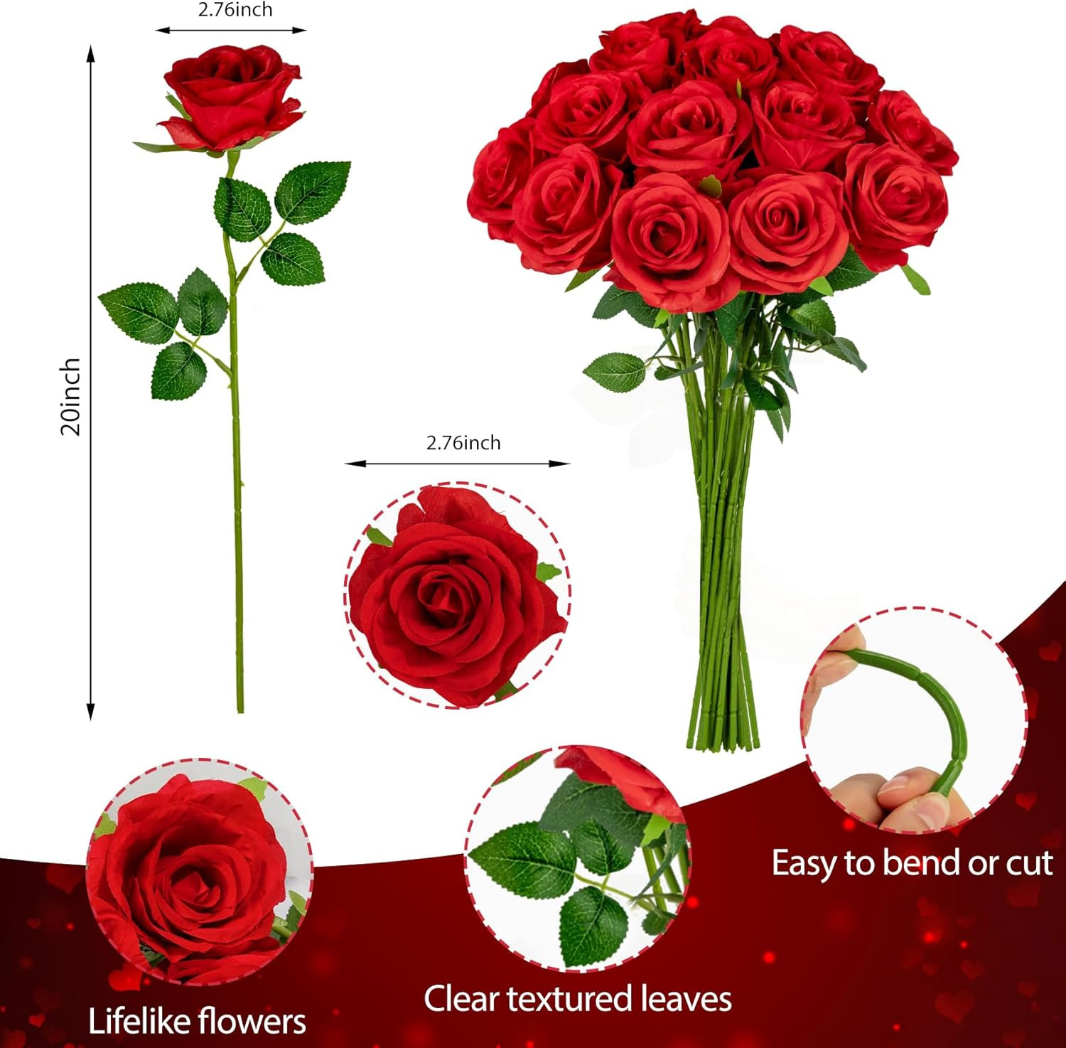 20 Pcs Red Roses Artificial Velvet Silk Flowers Fake Roses Bouquet with Long Ste