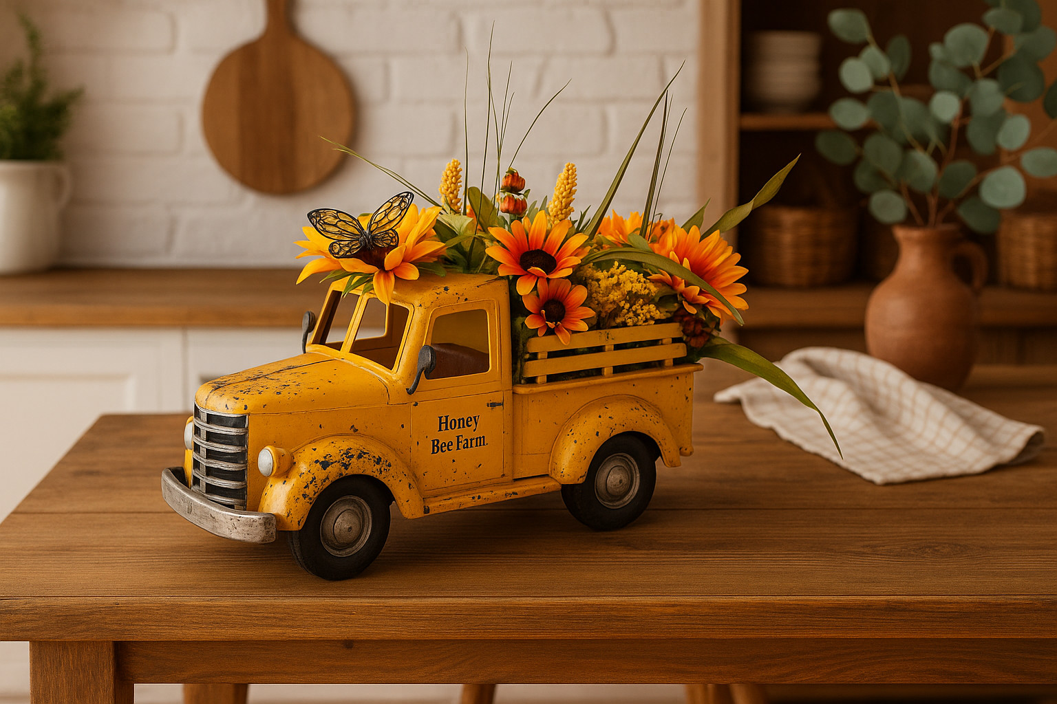 Rustic Yellow Honey Bee Farm Truck Planter with Sunflower Floral Arrangement