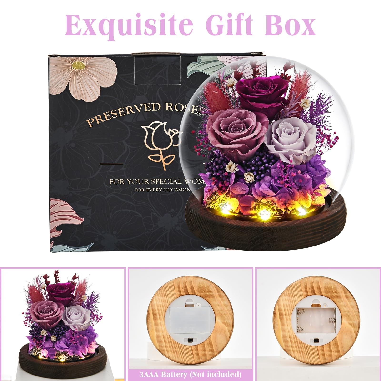 FRYMSHE Gifts for Wome, Mom, Grandma, Wife, Preserved Rose Flowers in Glass Dome