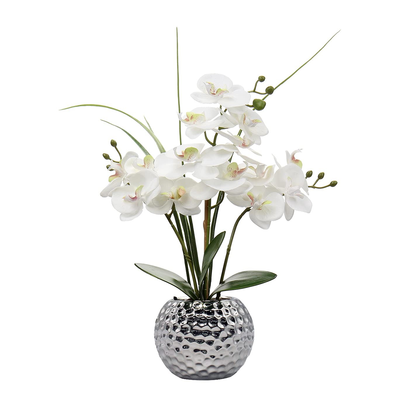 20.8″ White Artificial Phalaenopsis Orchid Flowers Silver Pot Home Centerpiece