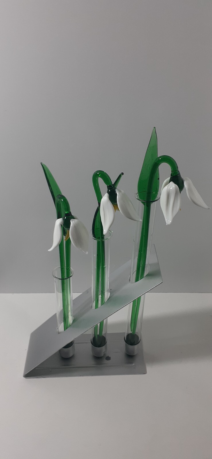 Art Glass Snowdrops Flowers Sculptures with Green Leaves & Tube Vase Home Decor