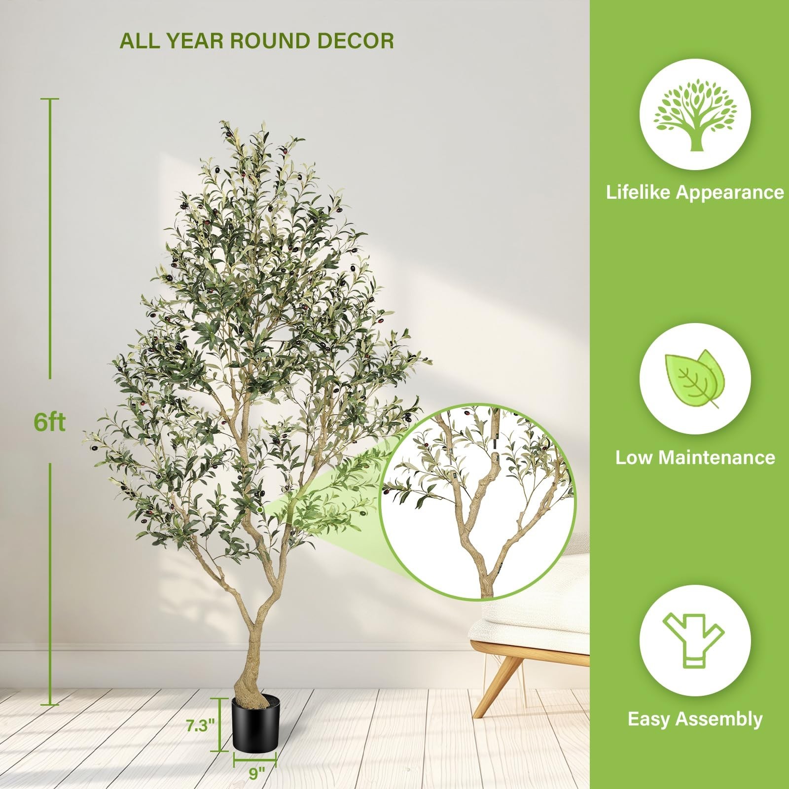 FEELEAD 8ft Artificial Olive Tree Indoor Large Branch Realistic Leaves