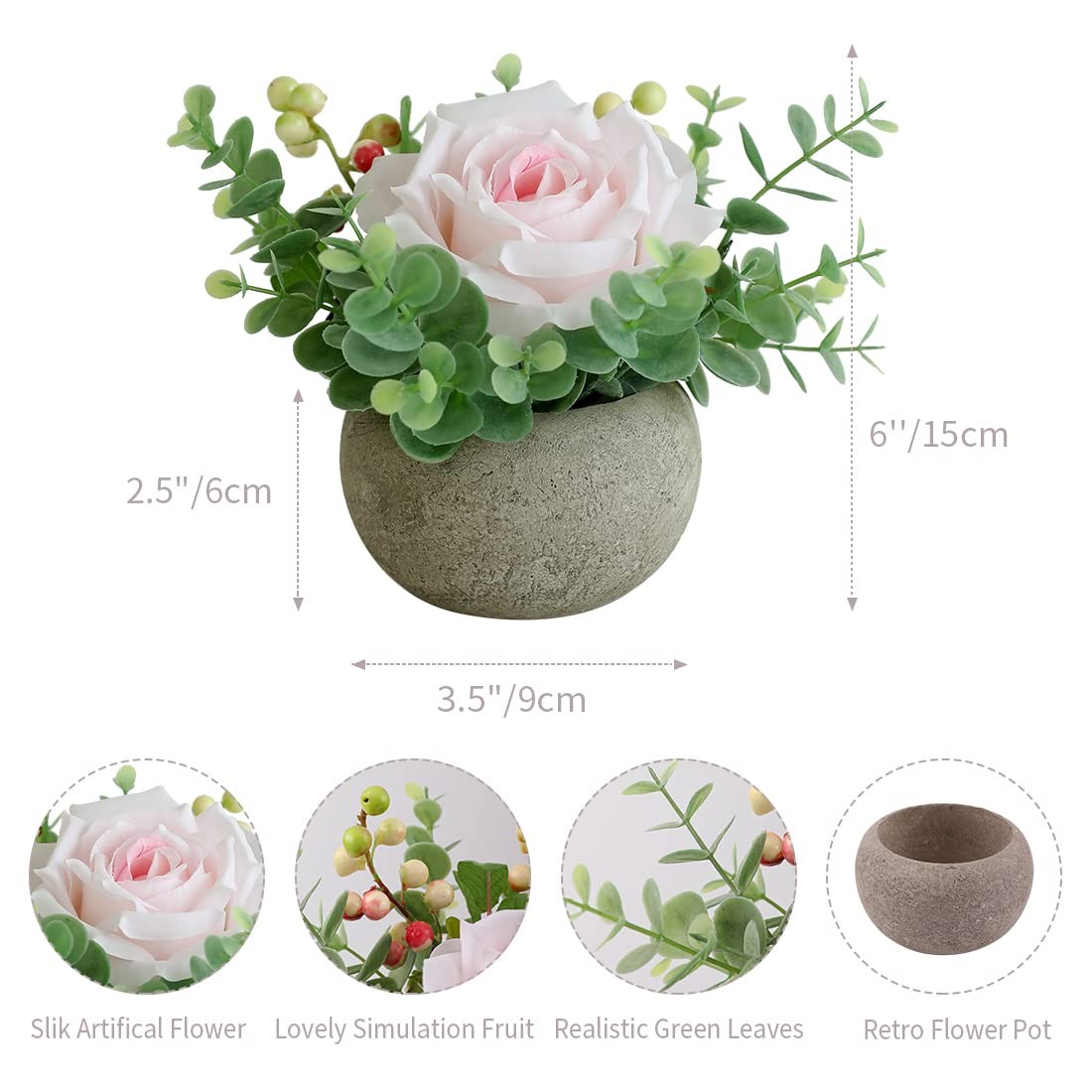 Small Artificial Light Pink Rose Potted Plant, 6″ Fake Silk Flowers in 3.5″ R…