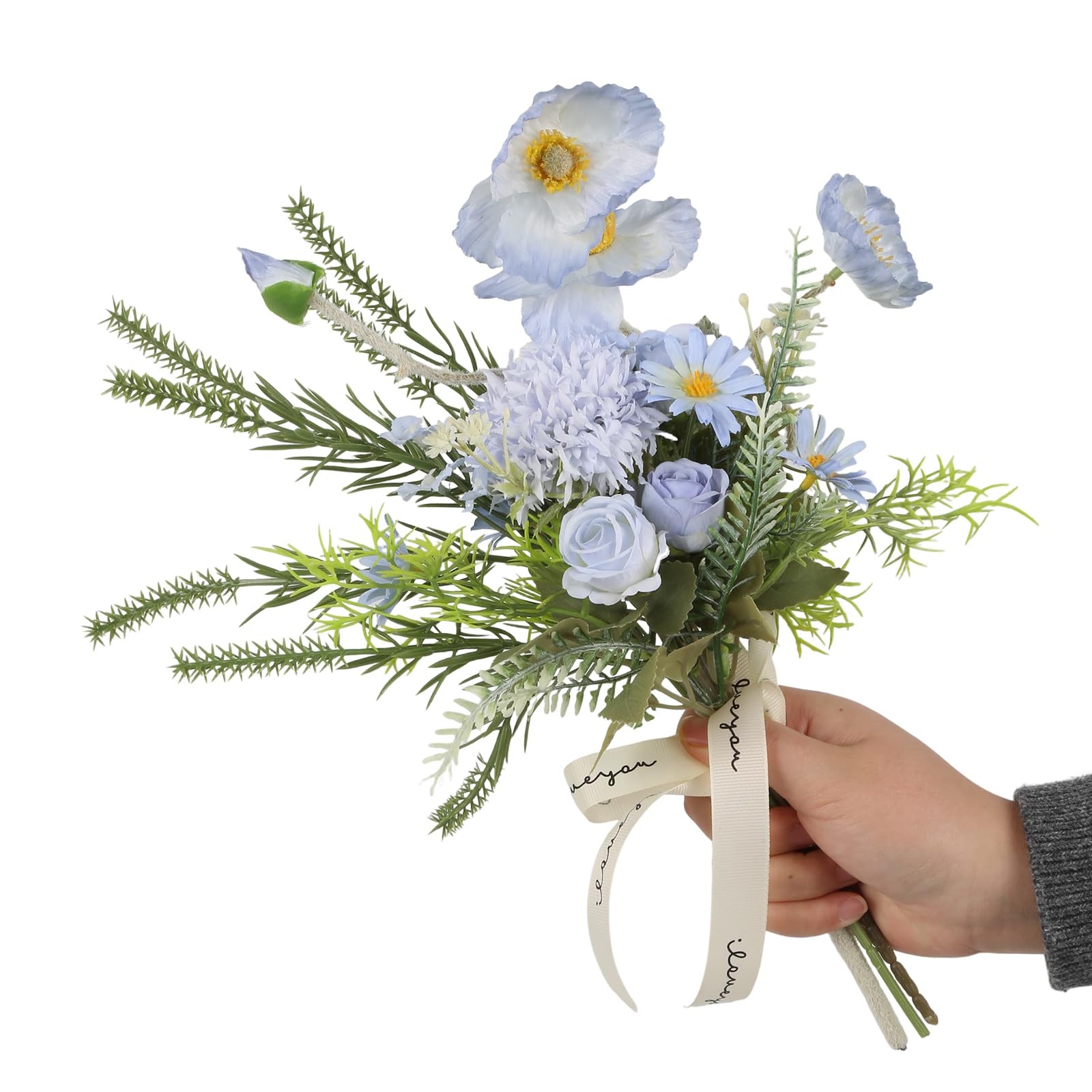 Blue Artificial Fake Flowers Bouquet 16 Inch Realistic Faux Silk Poppy Hydran…