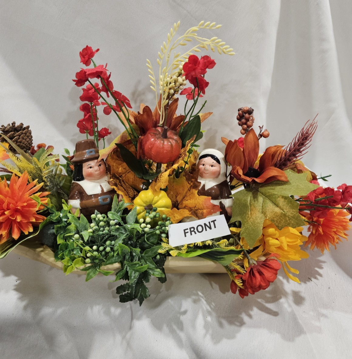 Artificial Flower Arrangement THANKSGIVING Pilgrams, Pumpkins 16″ wide 11″ tall