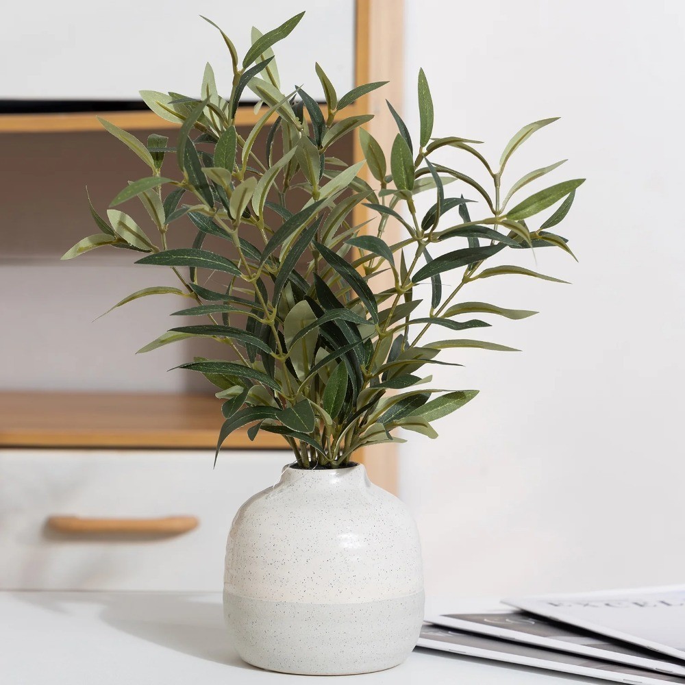 14in Indoor Artificial Olive Plant in 2-Tone Ceramic Vase