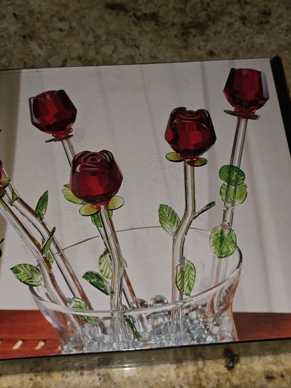 Eros Handmade Crystal Glass Rose Bouquet Set of 6, 13 in, Red