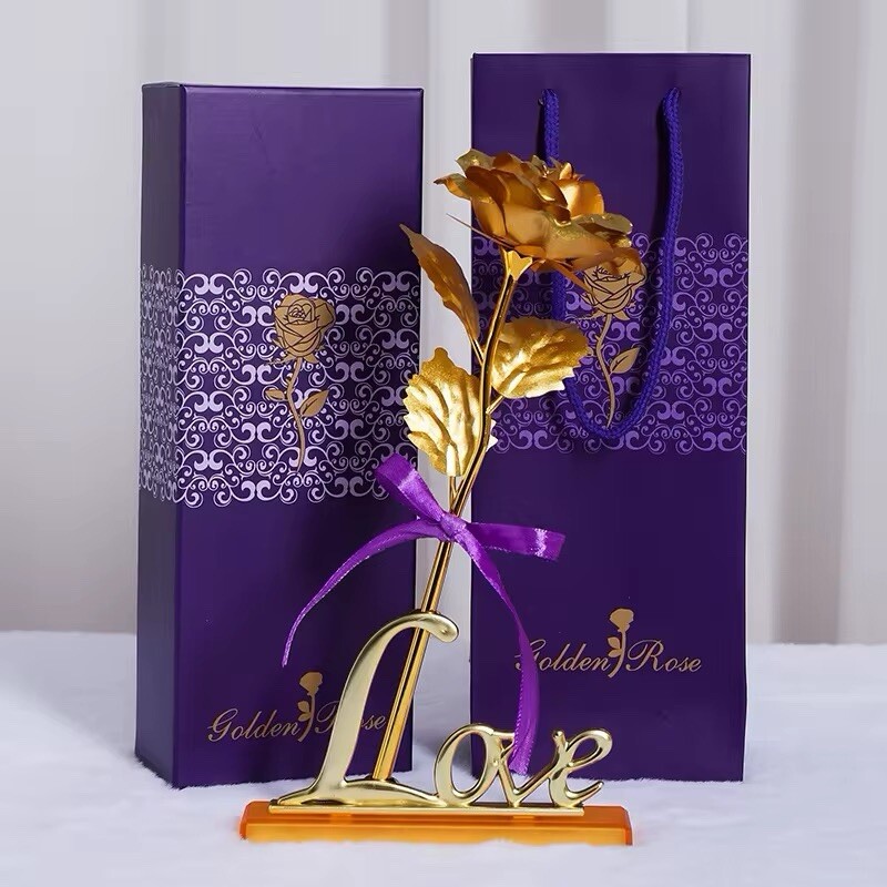 24K Dipped Purple Gold Rose Artificial Thin Light Valentine Gift Romantic