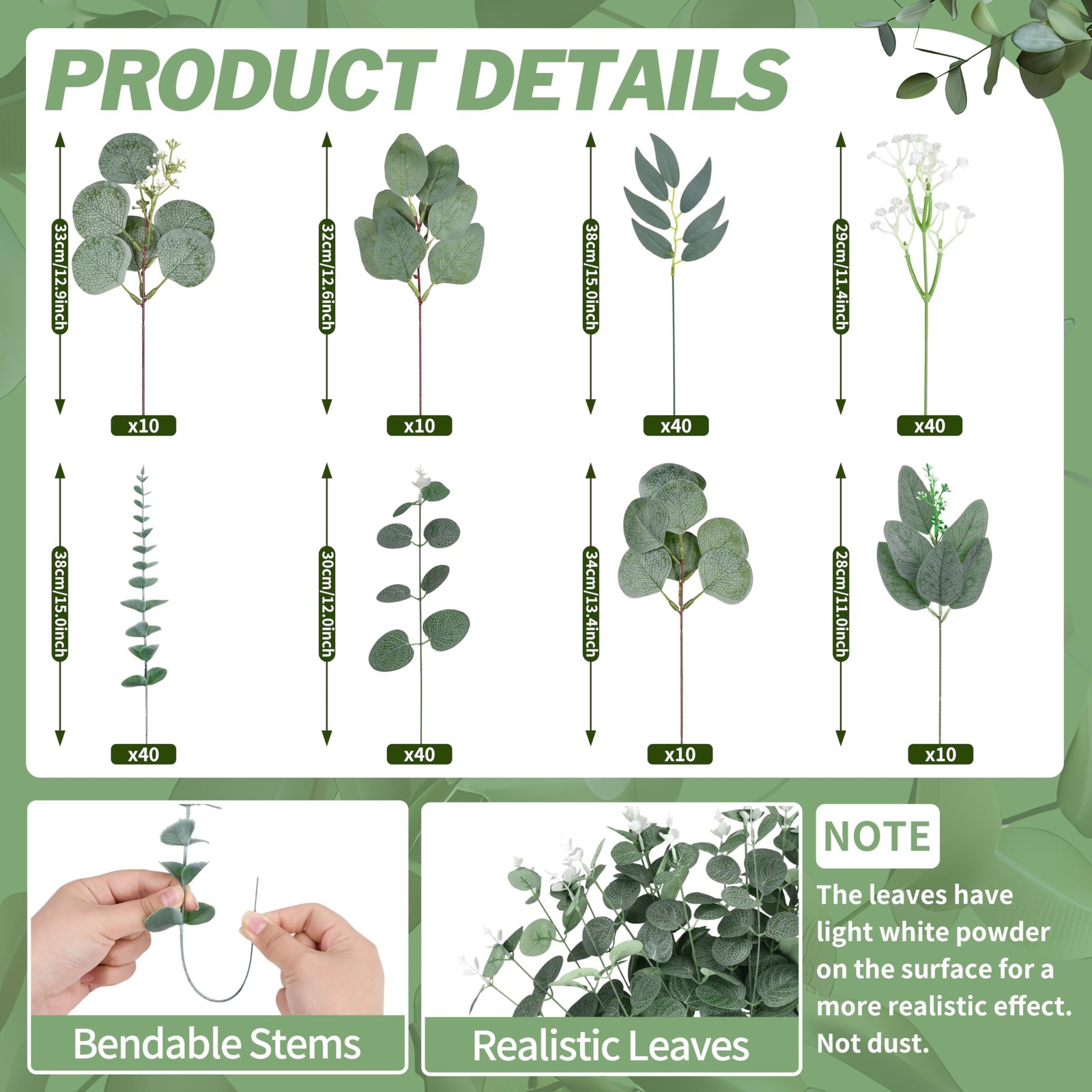200 Pcs 8 Kinds Mixed Artificial Eucalyptus Stems Bulk Fake Silver Dollar Euc…