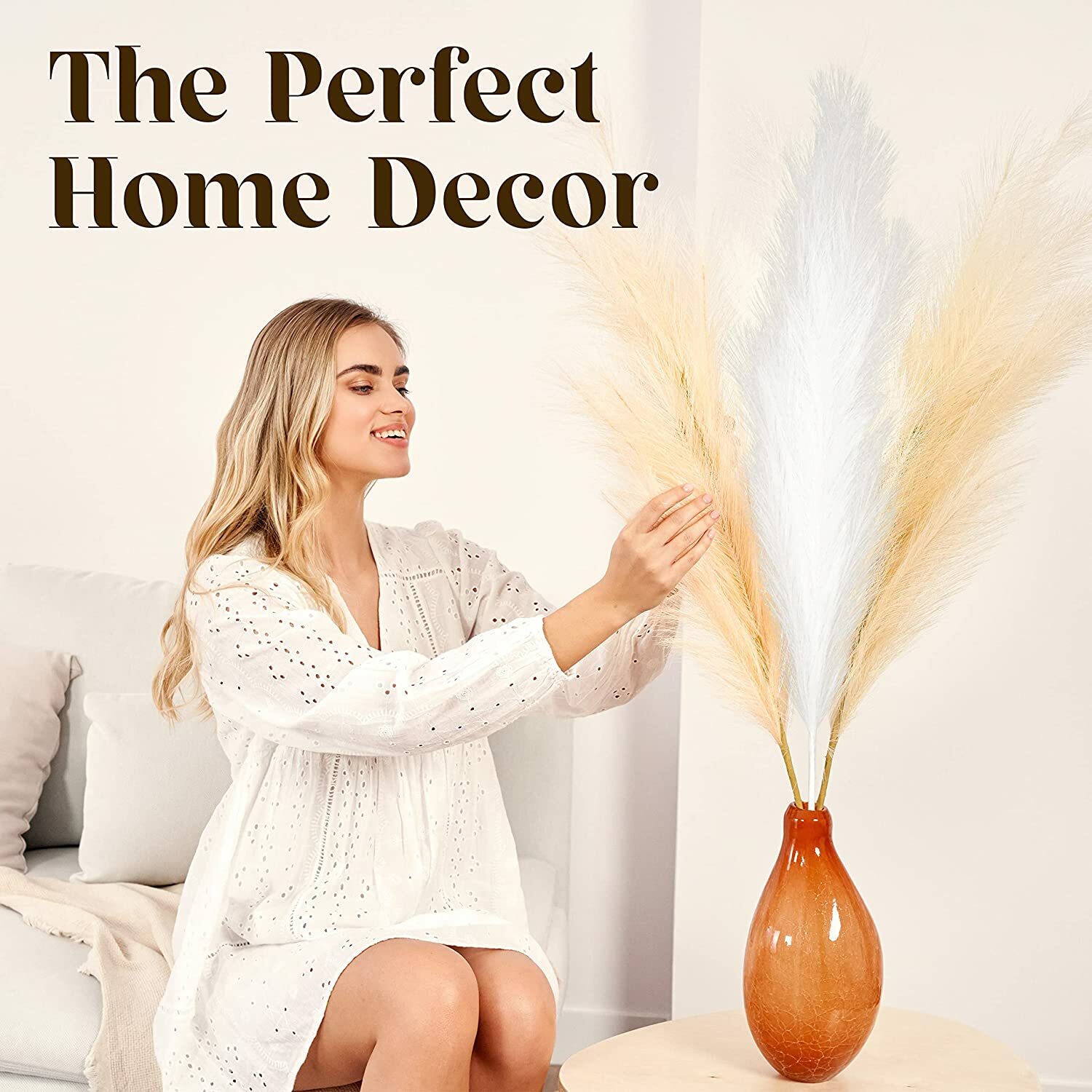 3Pcs 43 Inches Tall Faux Pampas Grass Decor – Artificial Pompous Grass Large
