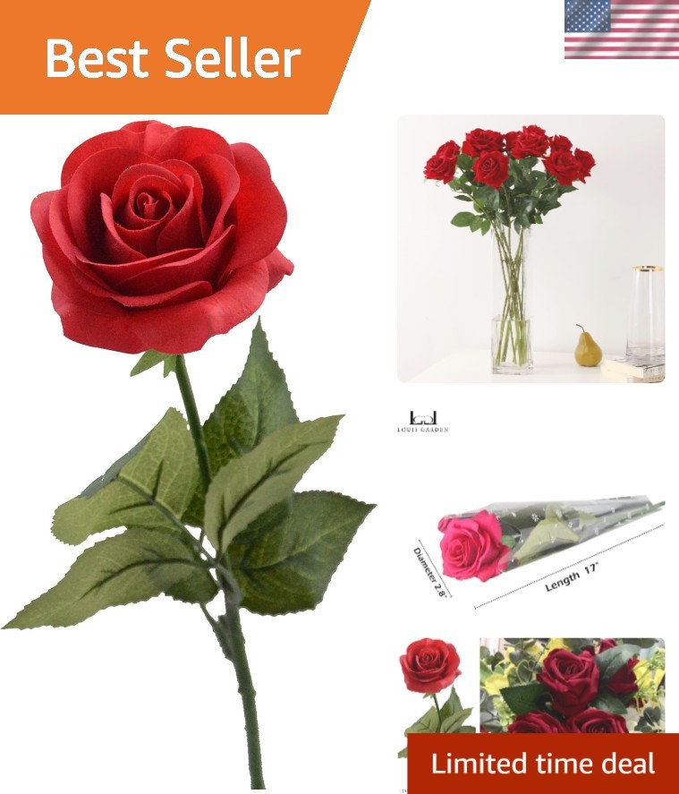 Beautiful 17″ Fake Red Rose with Leaves – Ideal for Weddings & Anniversaries