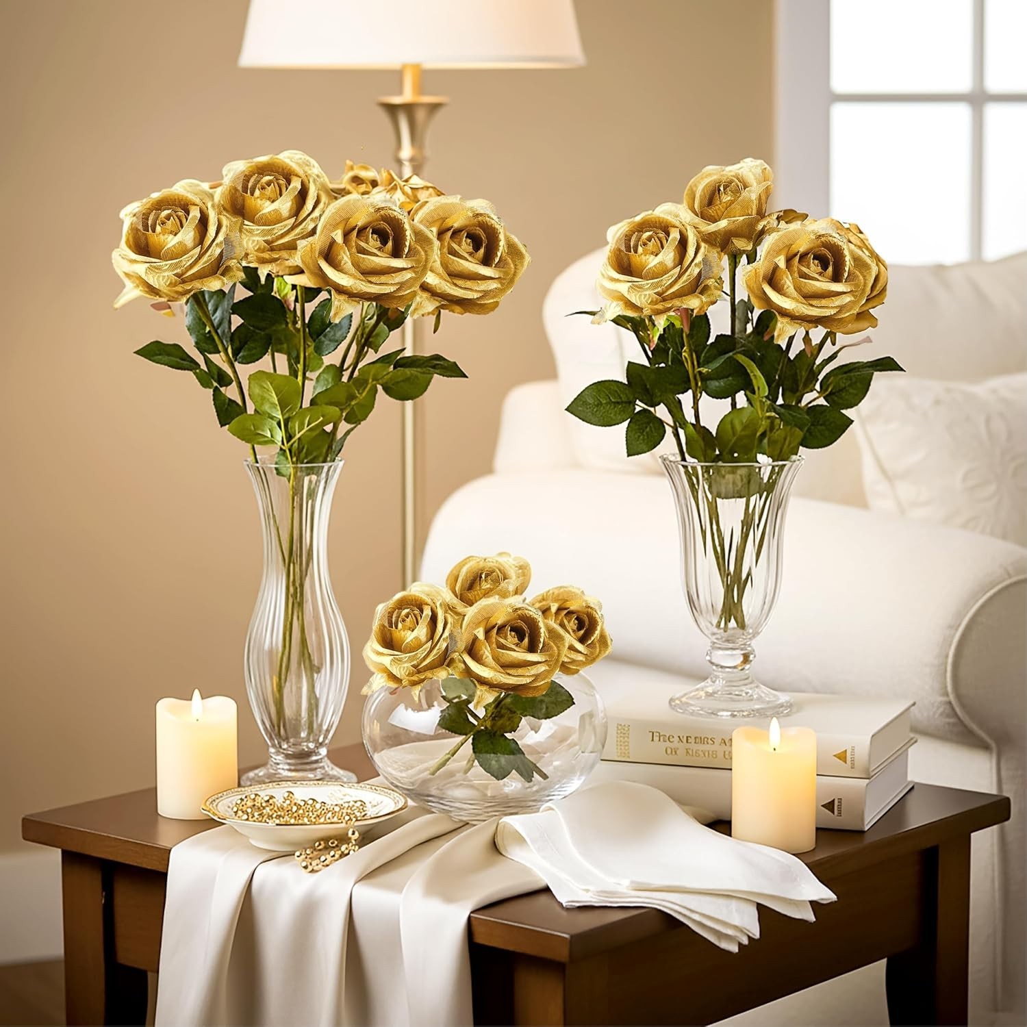 14PCS Gold Artificial Roses, Silk Rose Bouquet with Long Stems for Father’s D…
