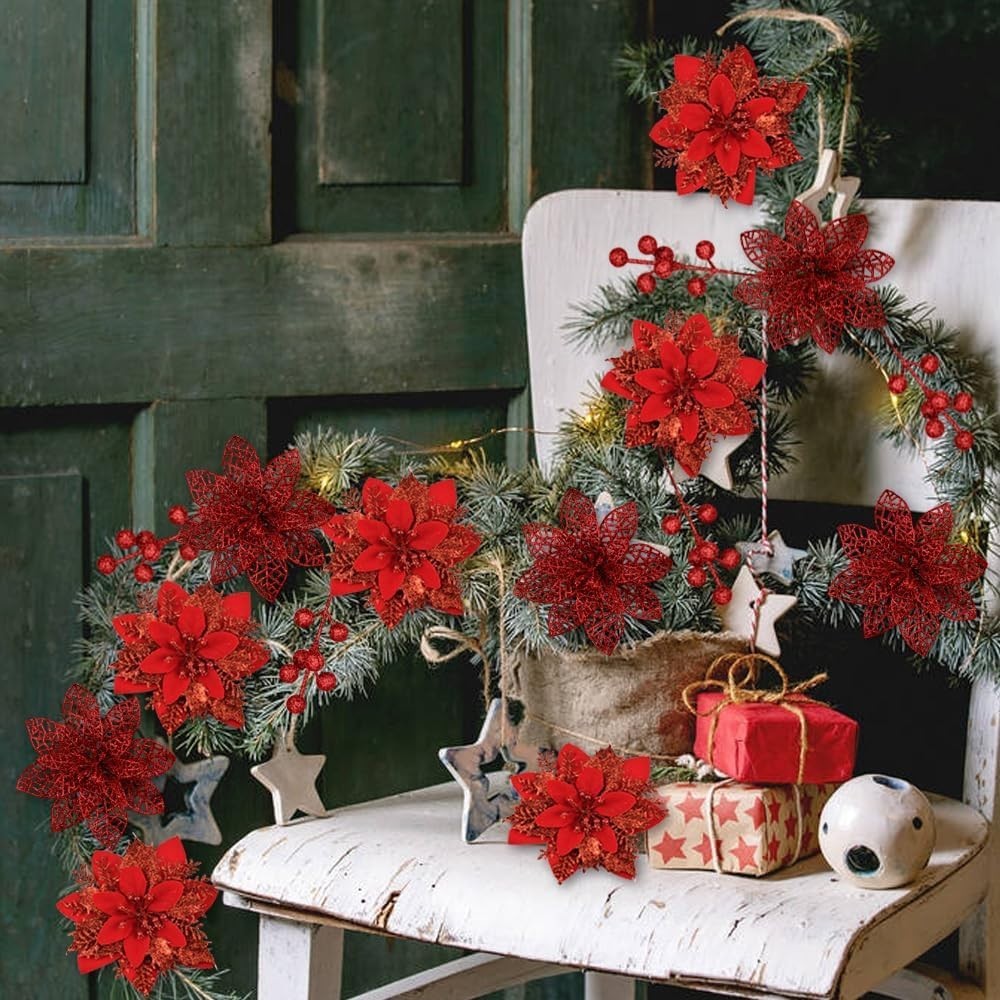 24pcs Christmas Glitter Tree Picks, 12pcs Poinsettias Artificial Flowers Red