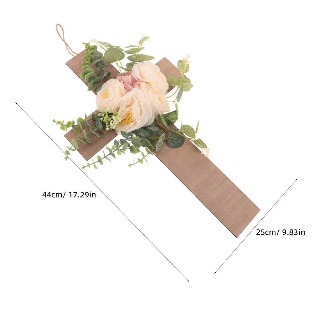 Decorative Wood Cross Wall Hanging with Beige Artificial Flowers Matte Finish