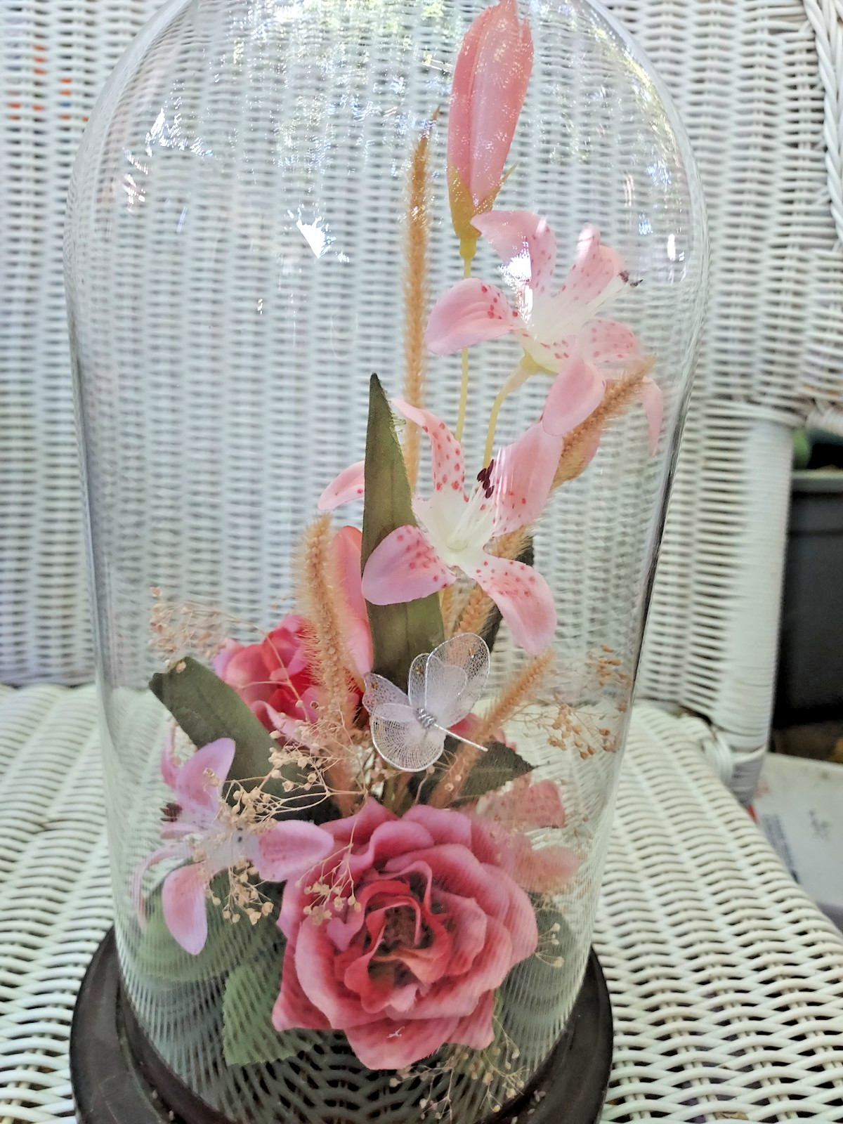 12″ Vintage Real Dried Flower Cloche Glass Dome Pink Silk Roses Lilies Butterfly