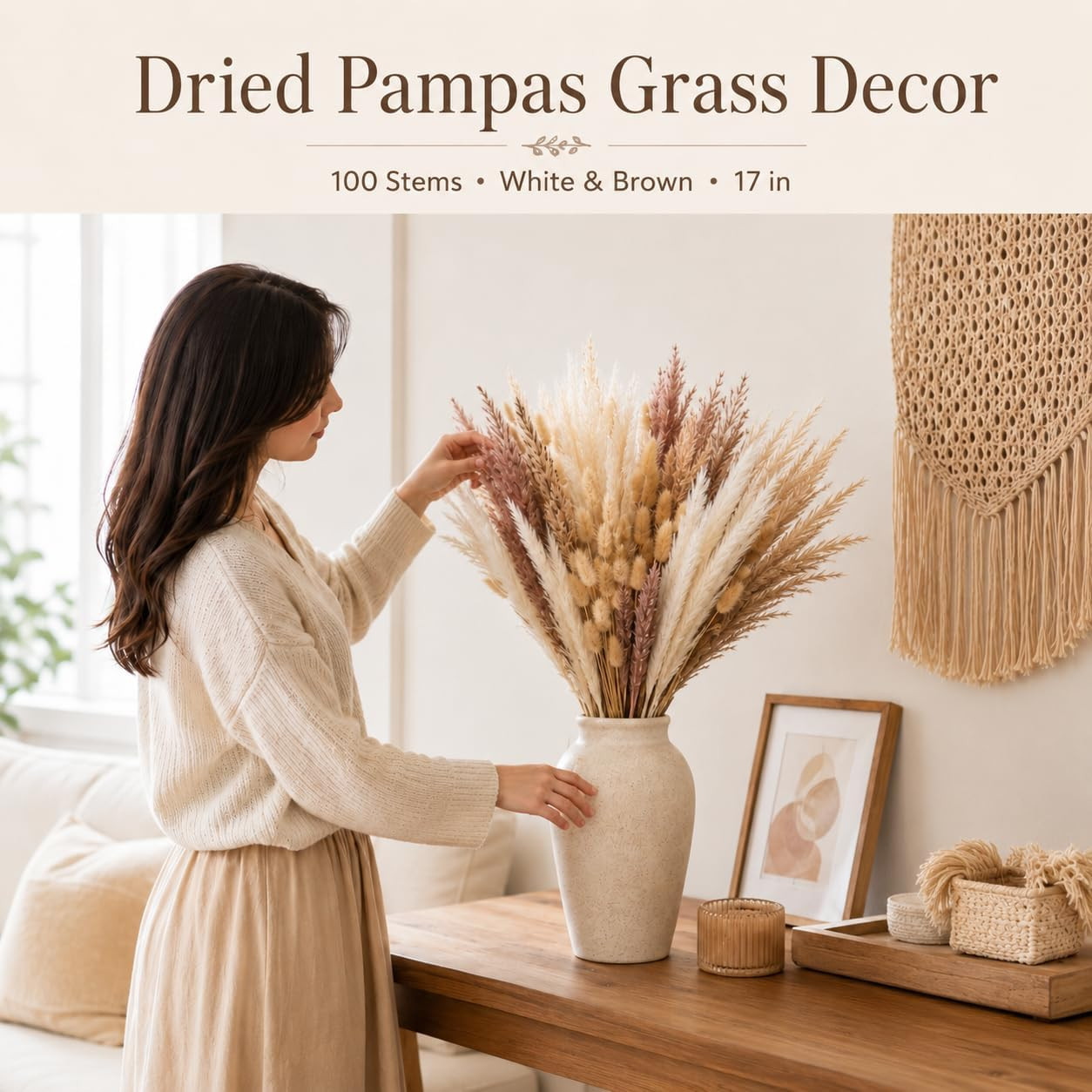 Dried Pampas Grass 100 Stems, Bunny Tails Boho Wedding Decor | 100 Mixed Stems