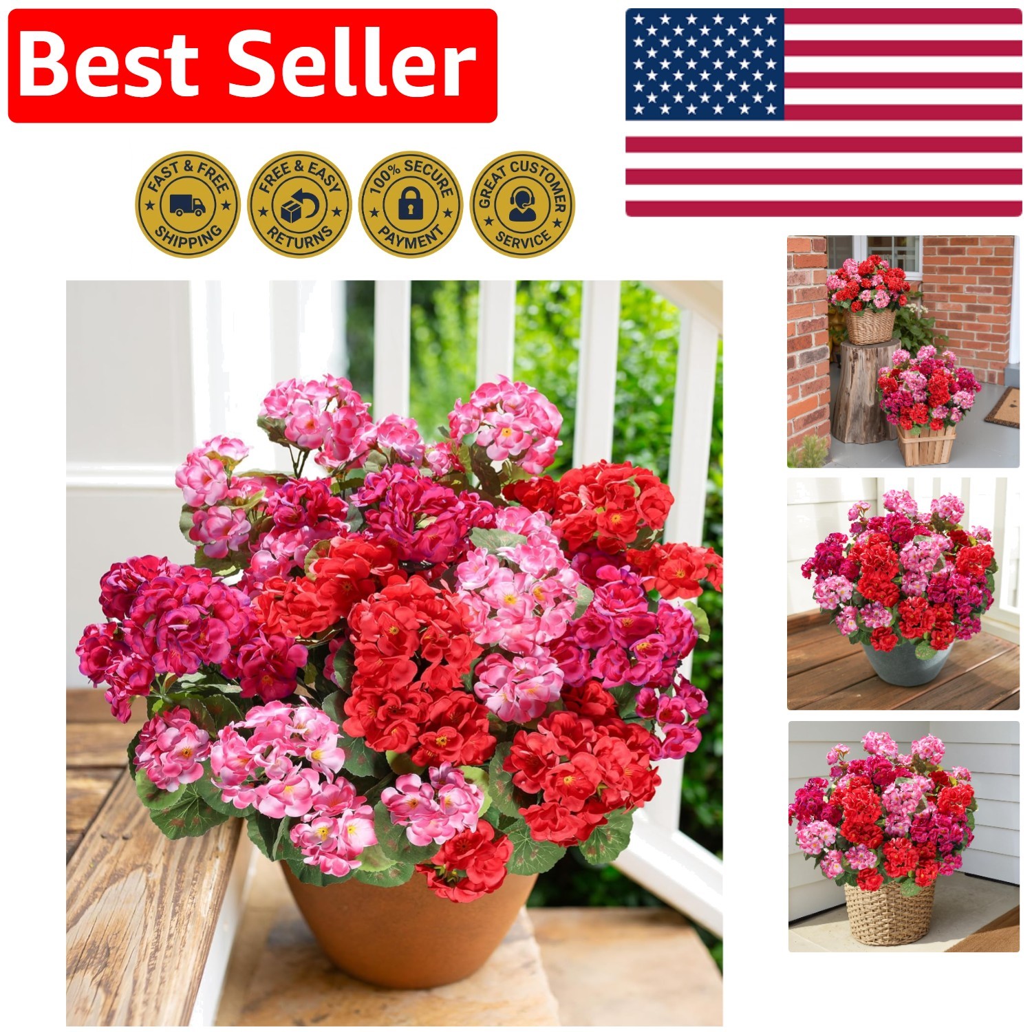 Low Maintenance Artificial Geraniums – 6 Bundles in Stunning Red, Pink & Fuchsia