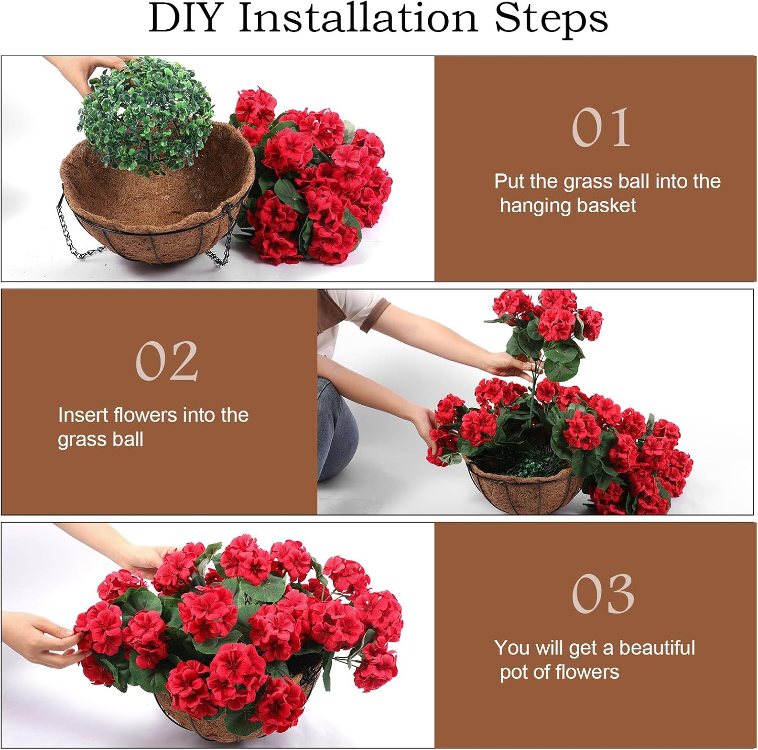 2 Set Artificial Red Geraniums Flowers for Outdoors with Hanging Baskets, 2 Hang