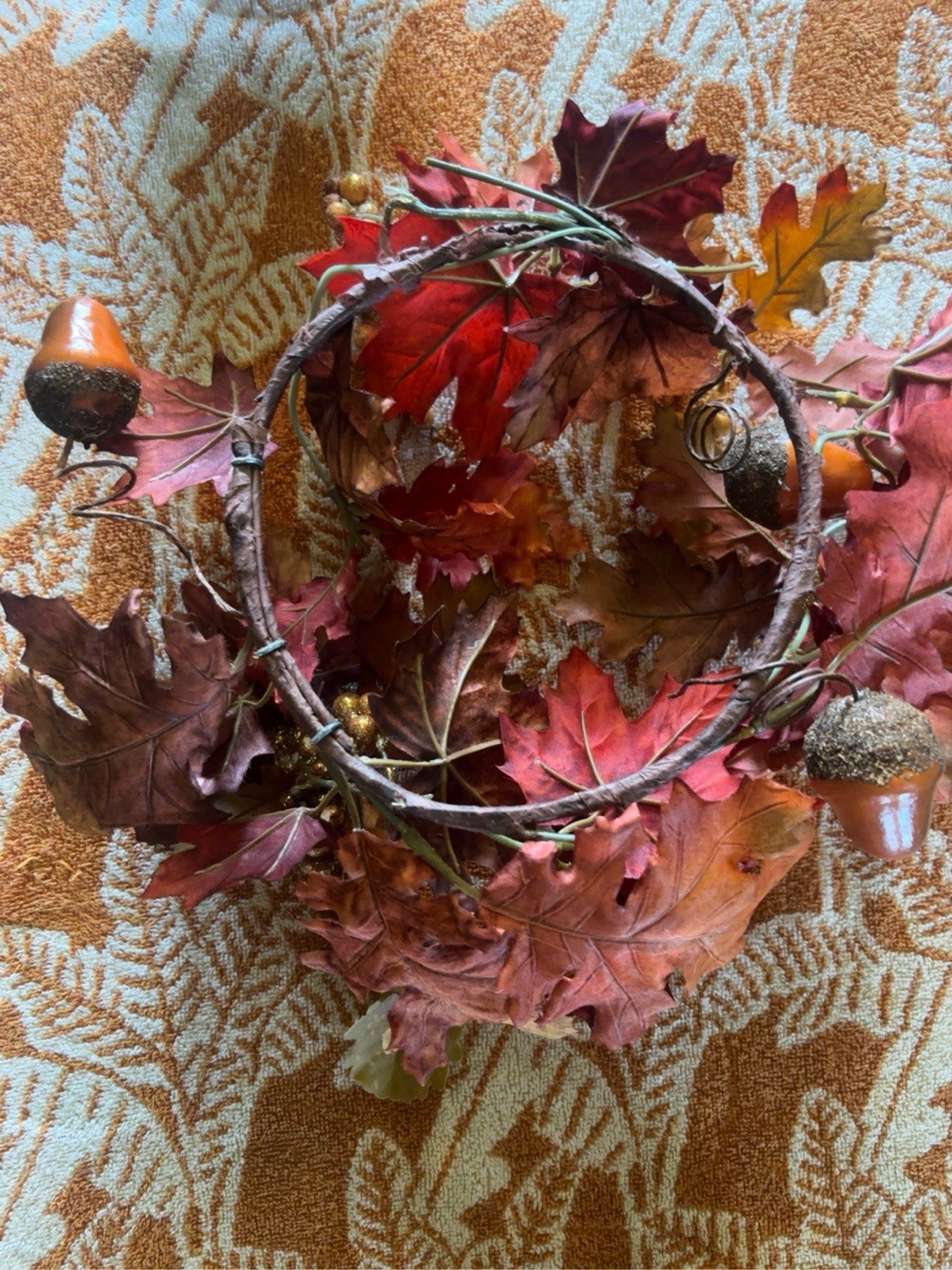 Fall Maple Oak Leaf Candle Ring Acorn Berry Wreath Harvest Centerpiece 6.5”