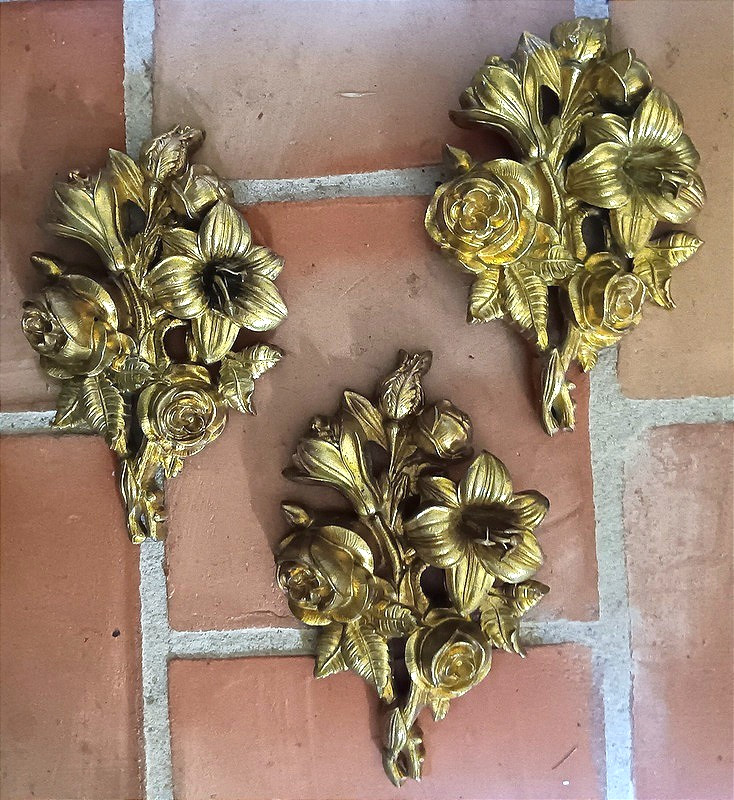 Antique Set of Three Gilt Bronze Floral Bouquet Wall Ornaments French Decor 19th