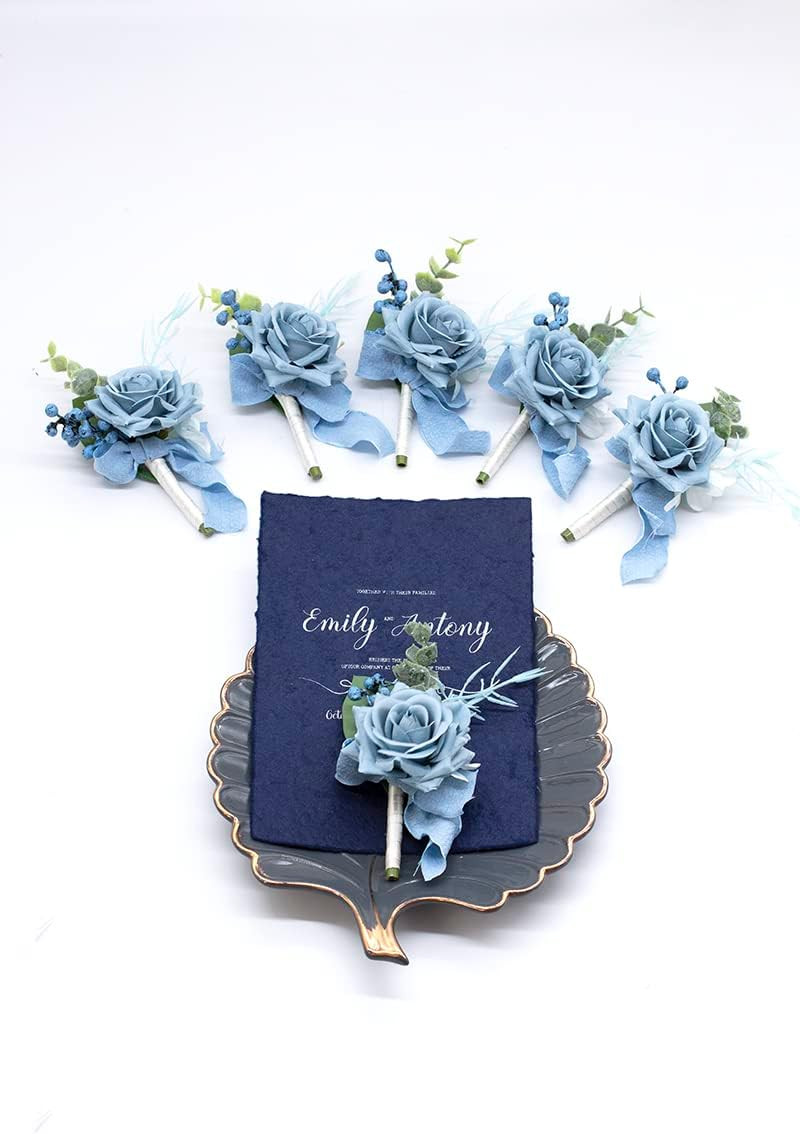 Dusty Blue Boutonniere for Men Set of 6 for Groom Best Man Groomsmen