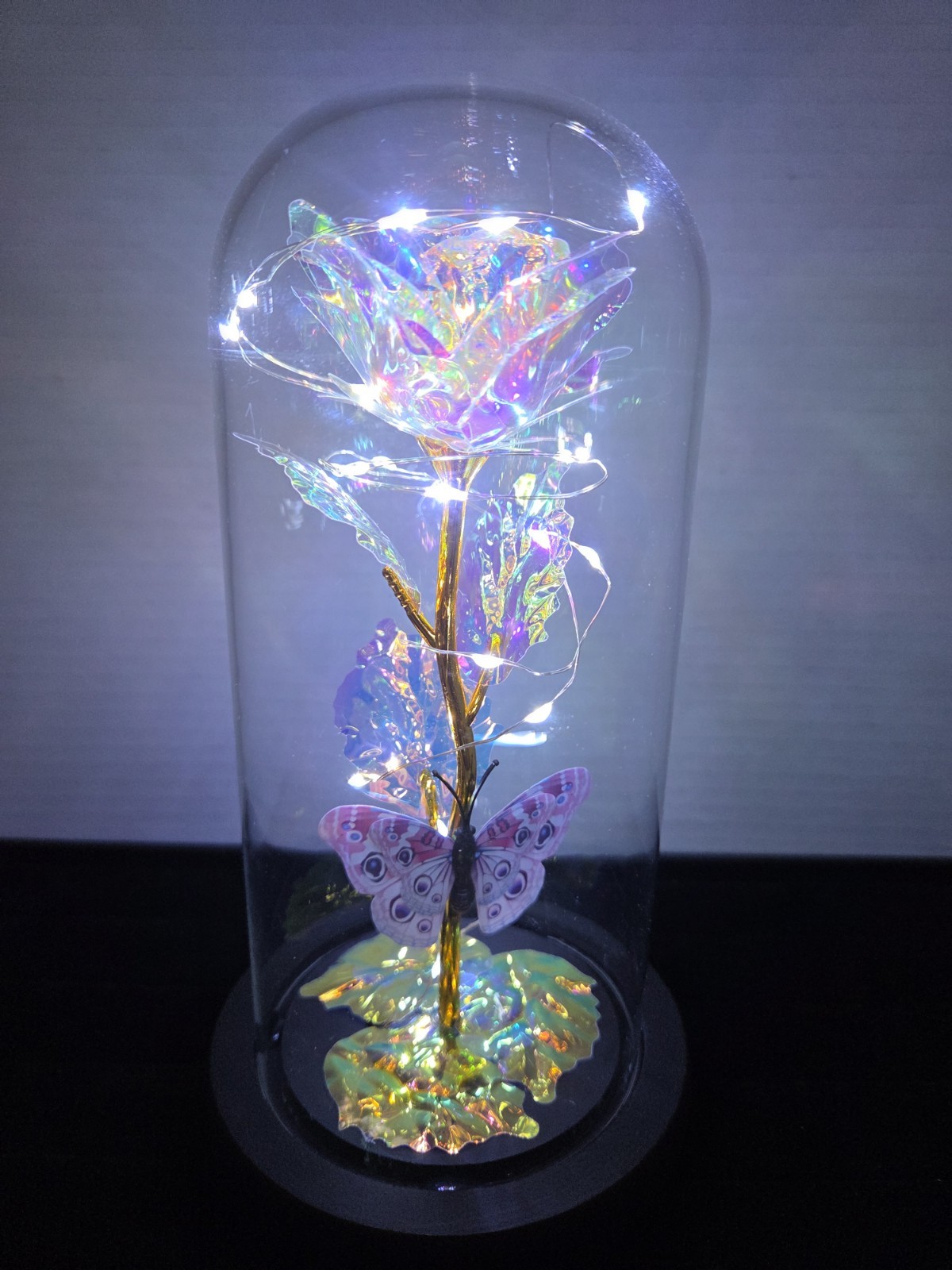 Glass Dome Enchanted Galaxy Rose & Butterfly Iridescent with LED Lite 3 AAA Batt
