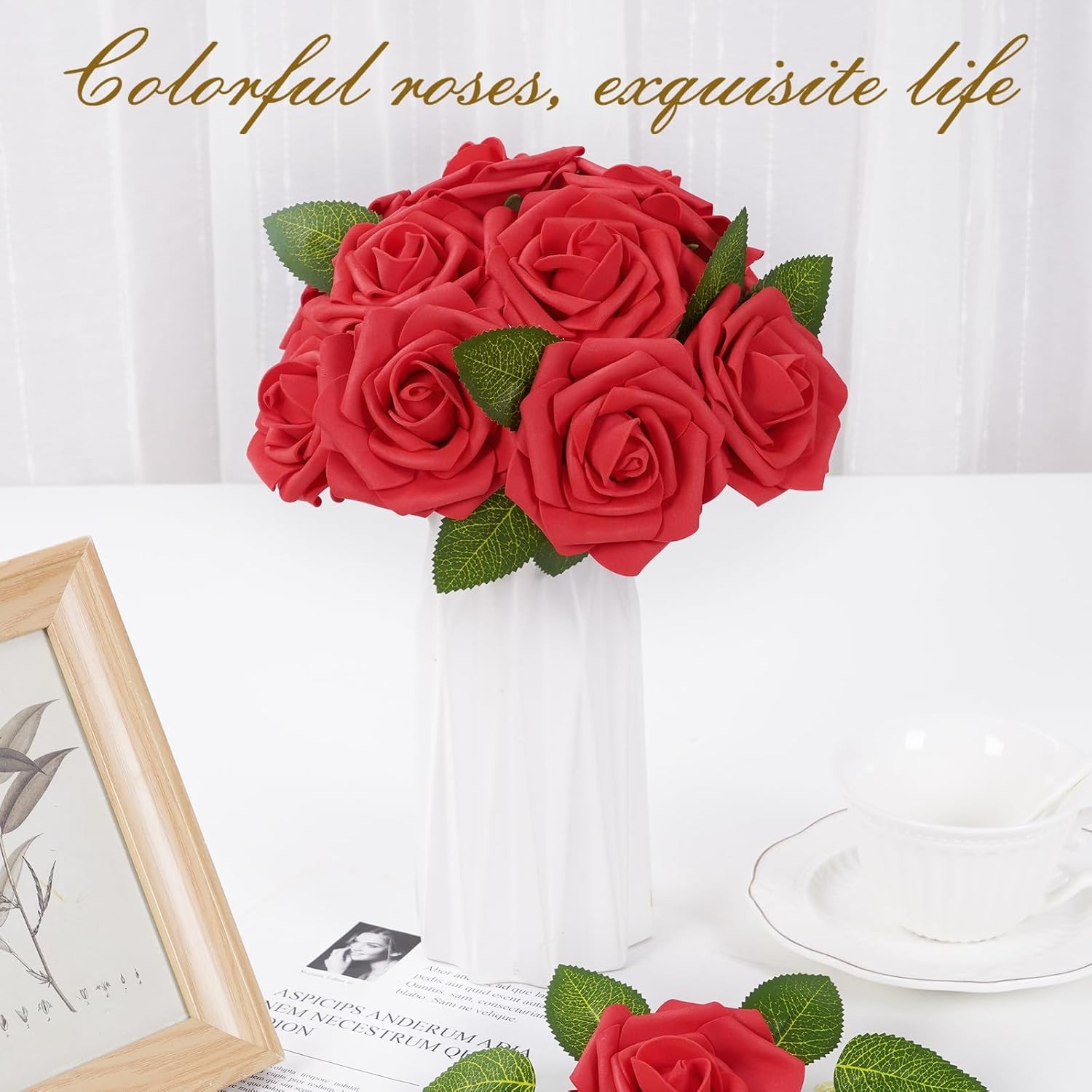 16Pcs Artificial Flowers Fake Roses with Stems, Red Boxed Foam Roses for DIY