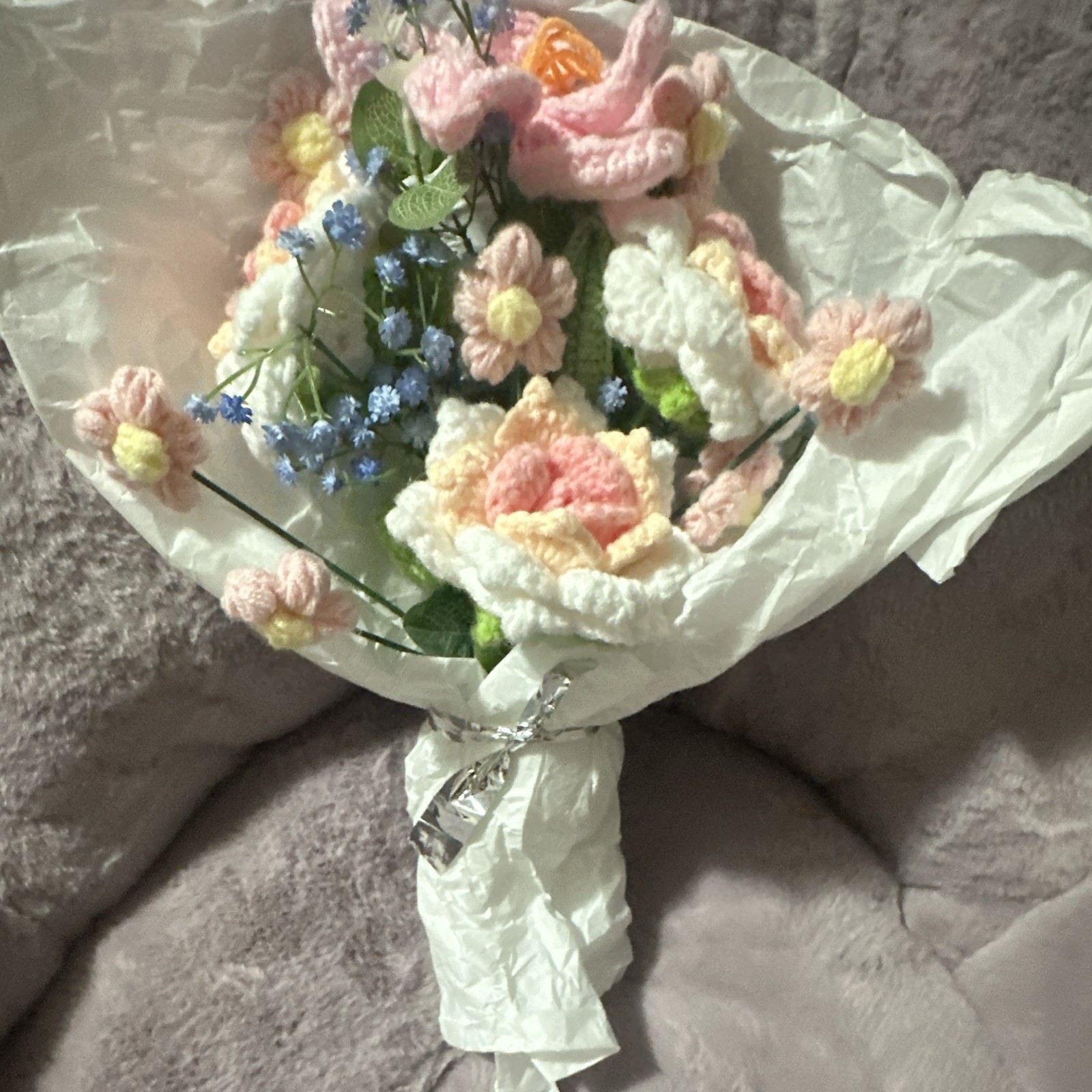 Handmade Crochet Yarn Artificial Mixed Flower Bouquet Pink White Blue Green