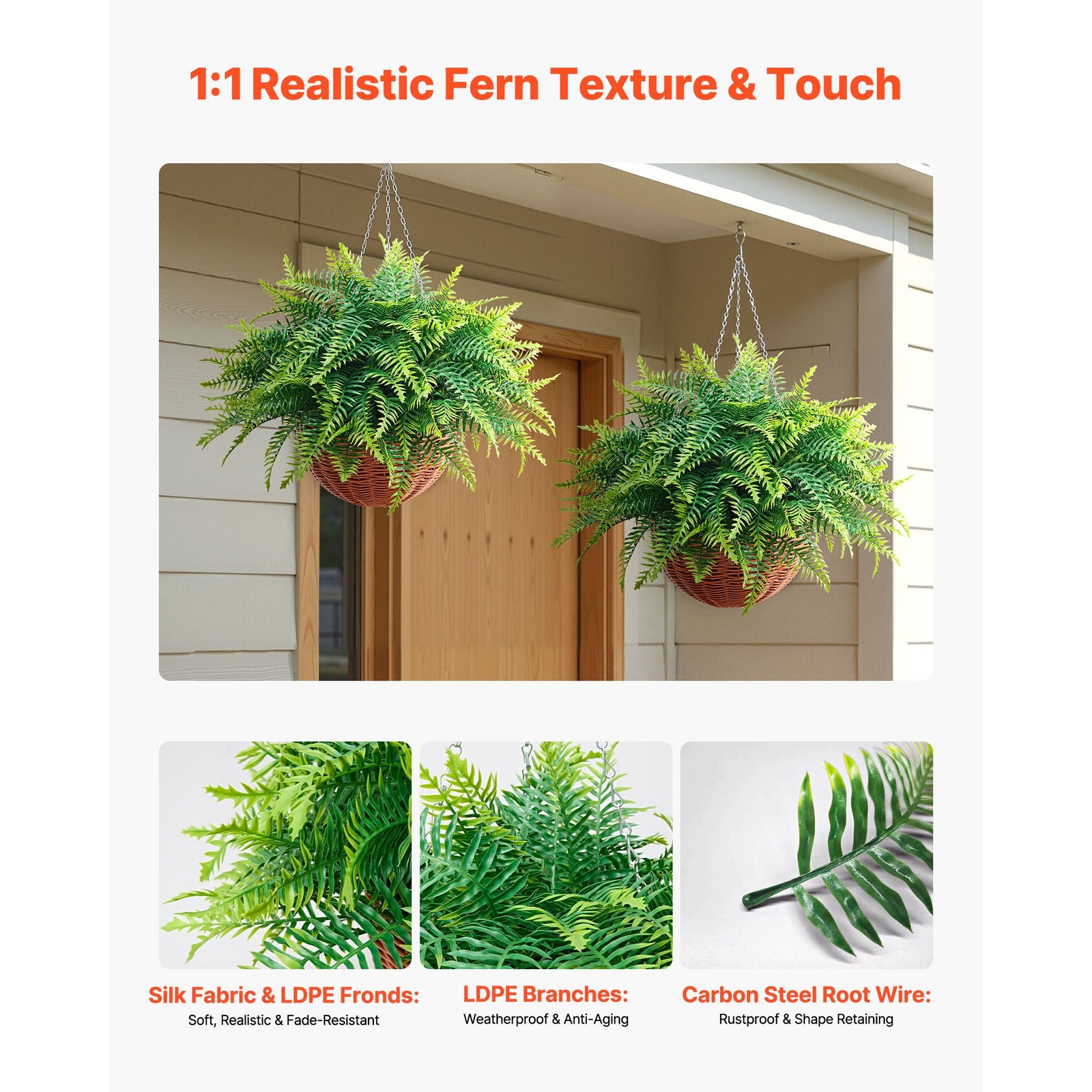 2-Pack Artificial Ferns, 26in Height, 23in Hanging Length, UV-Resistant Foliage