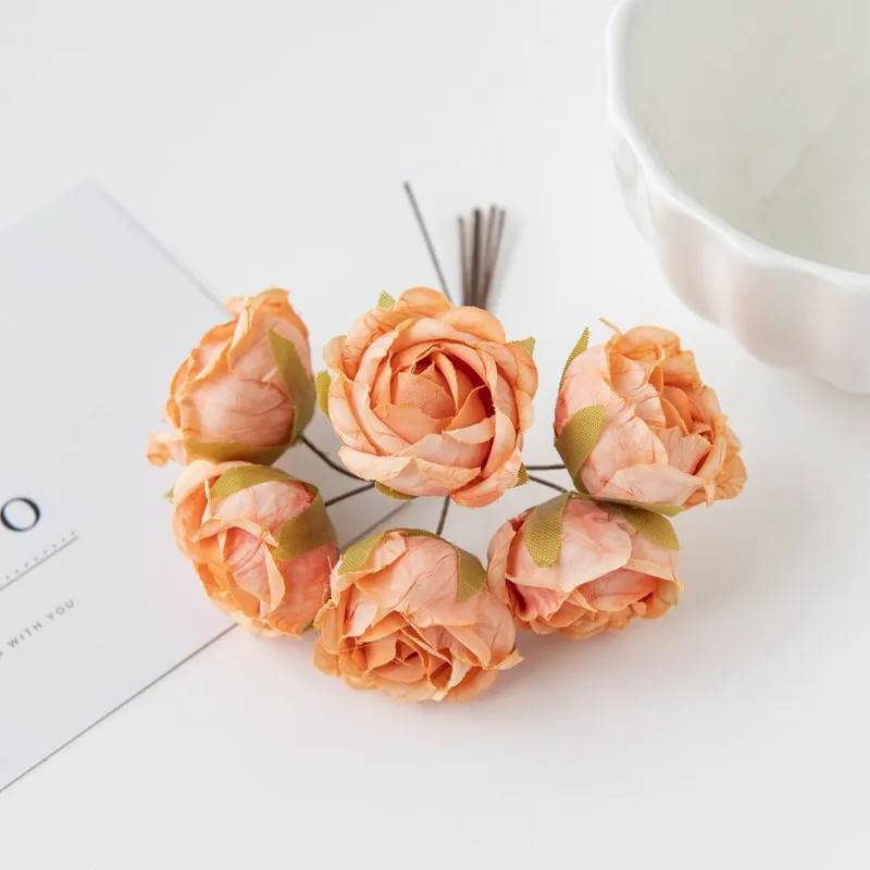 6Pcs Artificial Silk Tea Rose Mini Bouquet for Wedding Christmas Diy Home Decor