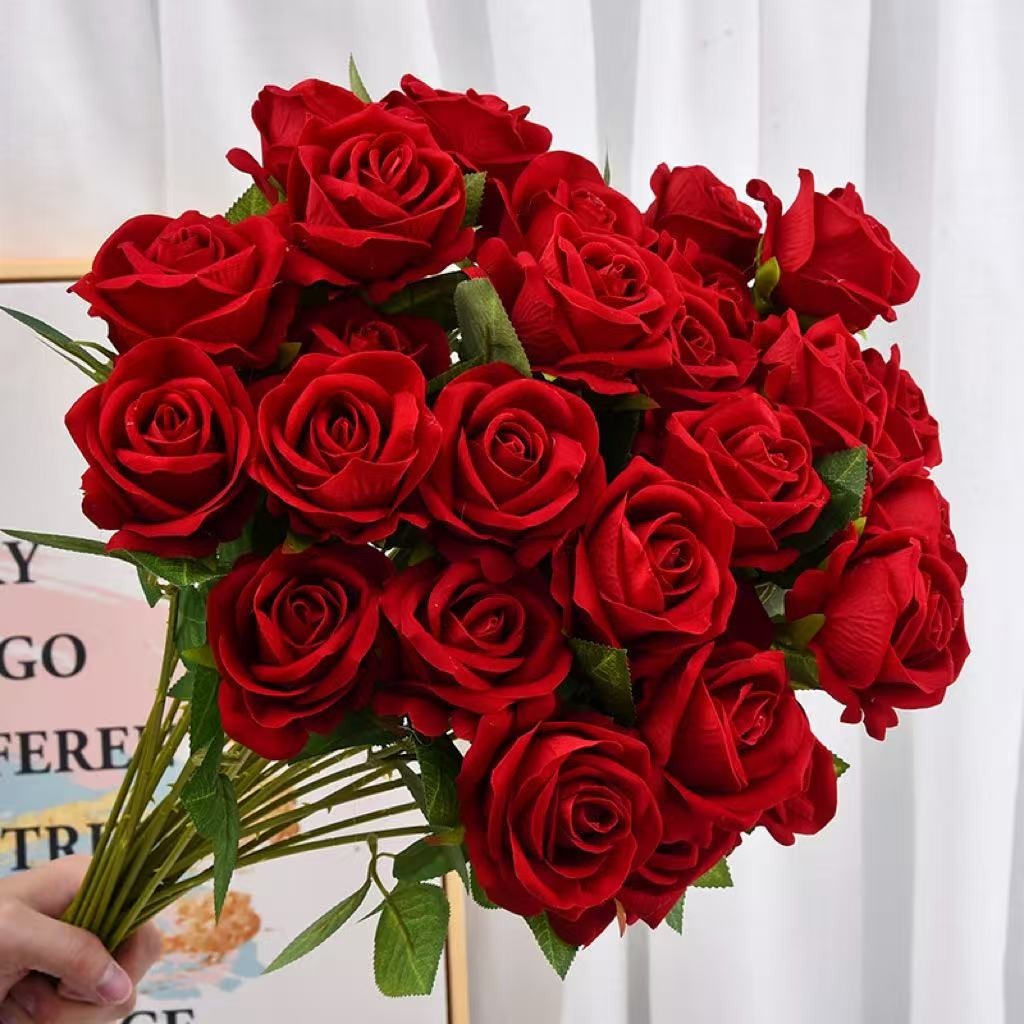 Artificial Red Rose Flowers Realistic Fake Rose Stem for Wedding Party Home Tabl