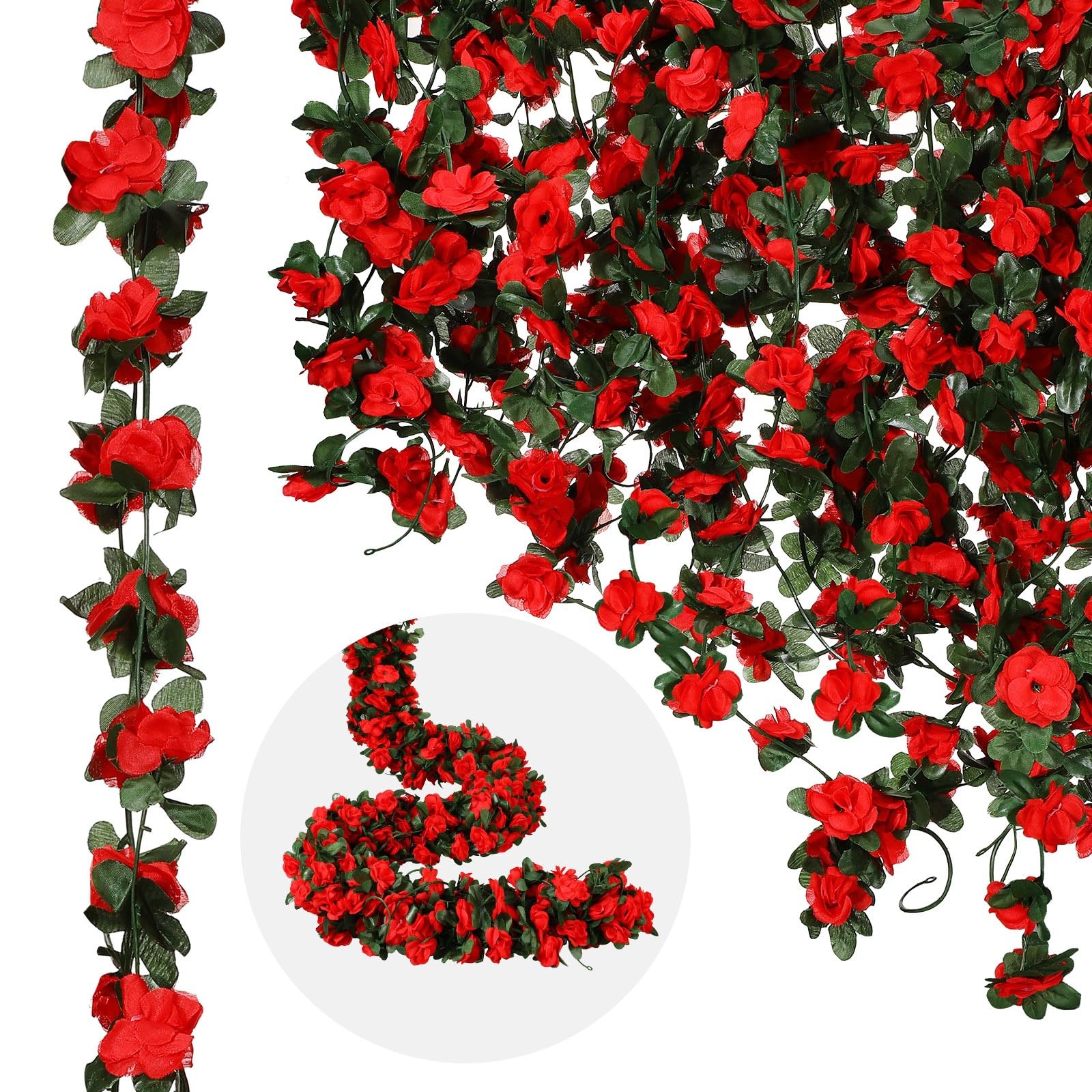 12 Pcs 100 ft Flower Garland Artificial Rose Vine with Green Leaves Hanging A…