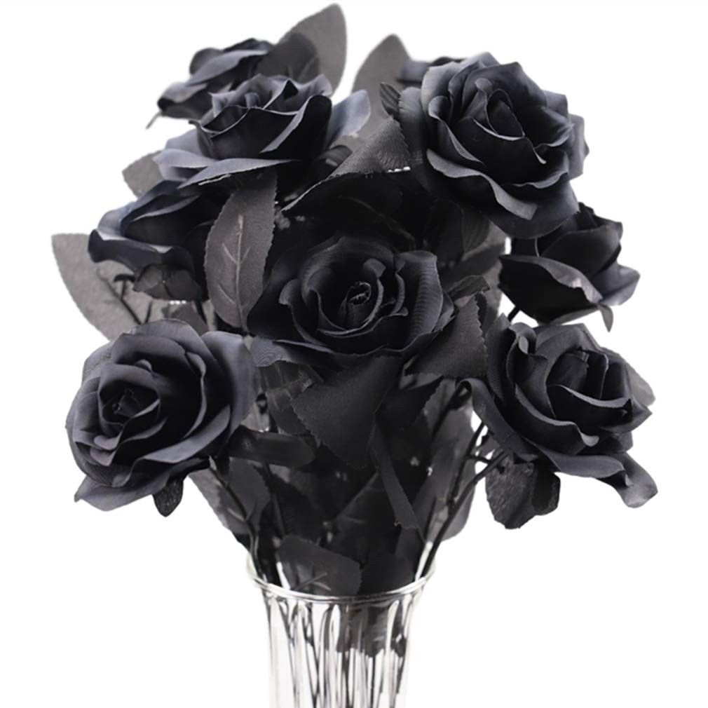 10pcs Black Faux Silk Roses for Bridal Bouquets, Wedding, Halloween & Home Decor