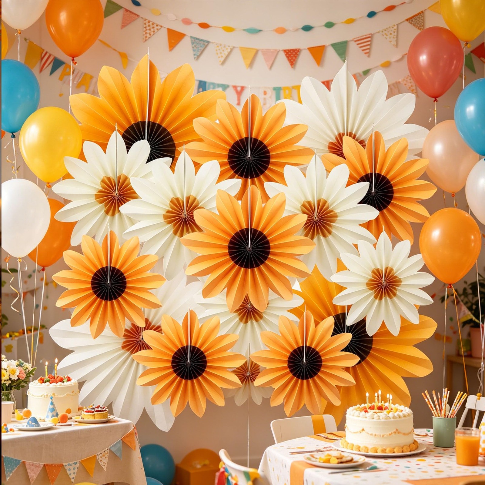 Sunflower Party Decorations Yellow Daisy Flower Fans 18 Pcs 3 Sizes 14/10/8 I…