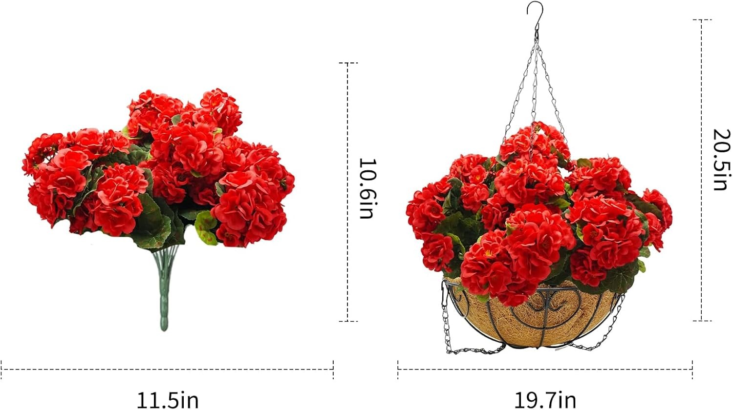 2 x Red Artificial Geranium Hanging Basket,Outdoor Christmas Porch Garden Decor