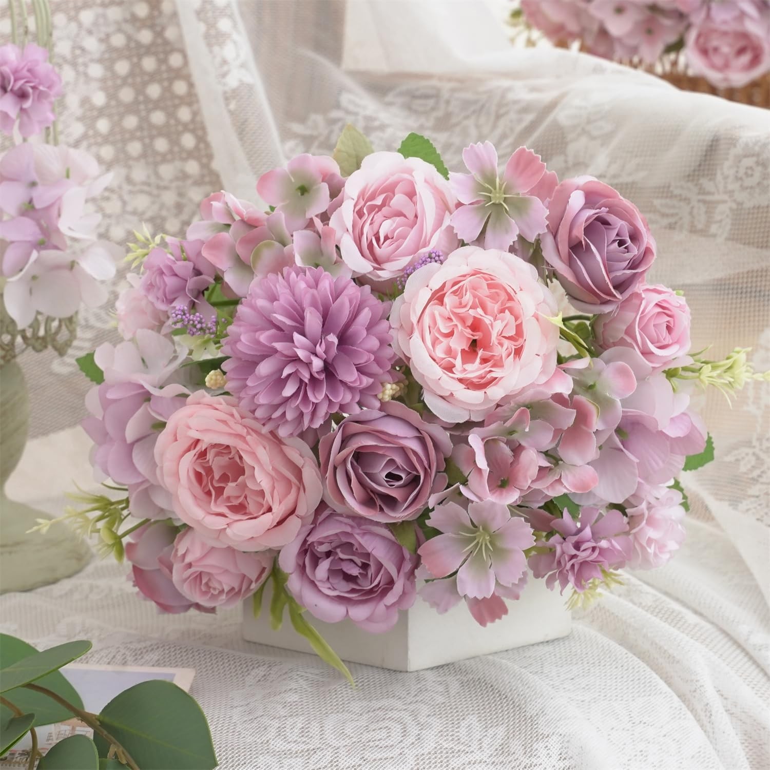 4 Pcs Mixed Artificial Peony Flowers Set-2 Bouquets & 2 Stems, Purple Fake Peony