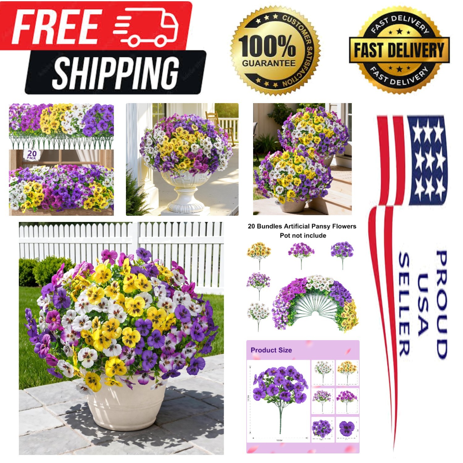 Vibrant 20PCS Mixed Color Artificial Pansies – Perfect for Patios & Gardens