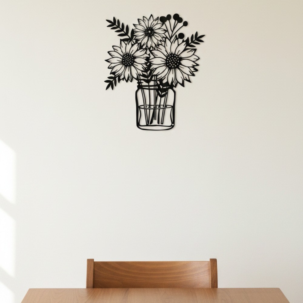 Black Sunflower Metal Wall Vase Sculpture – Nature-Inspired Bathroom Decor
