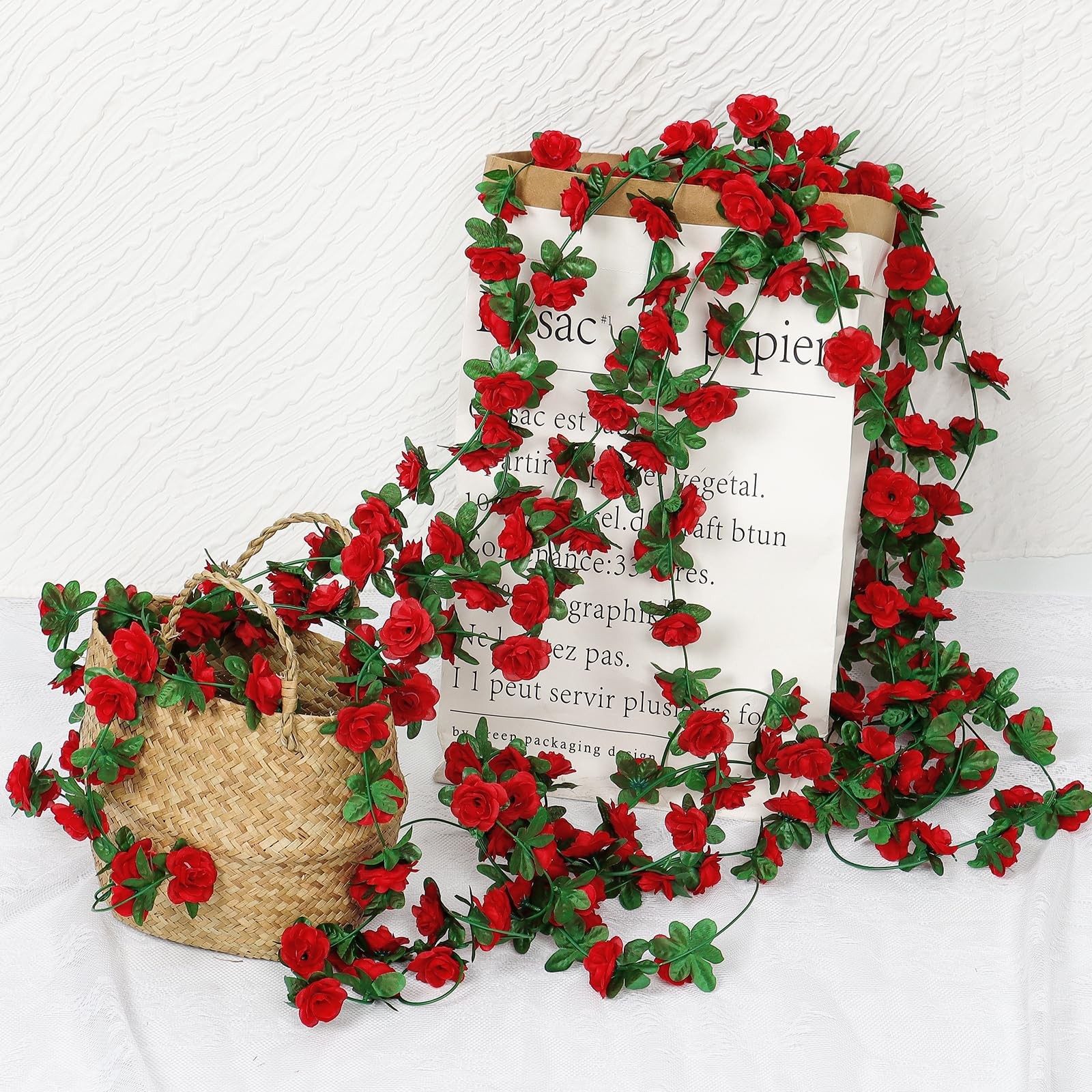 9 Pack 72 FT Artificial Flower Garland, Fake Red Roses Vines Silk Flowers Fau…