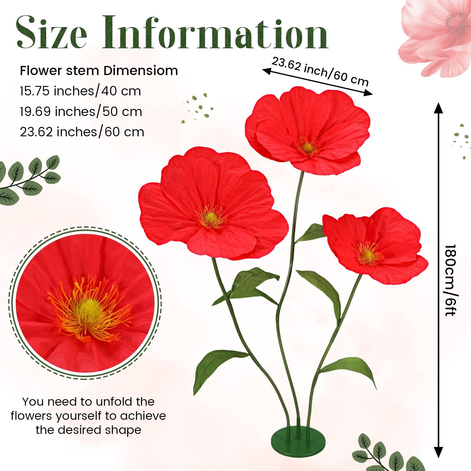 6ft Red Giant Flowers for Decoration with Stand, Large Artificial Poppy, Big …