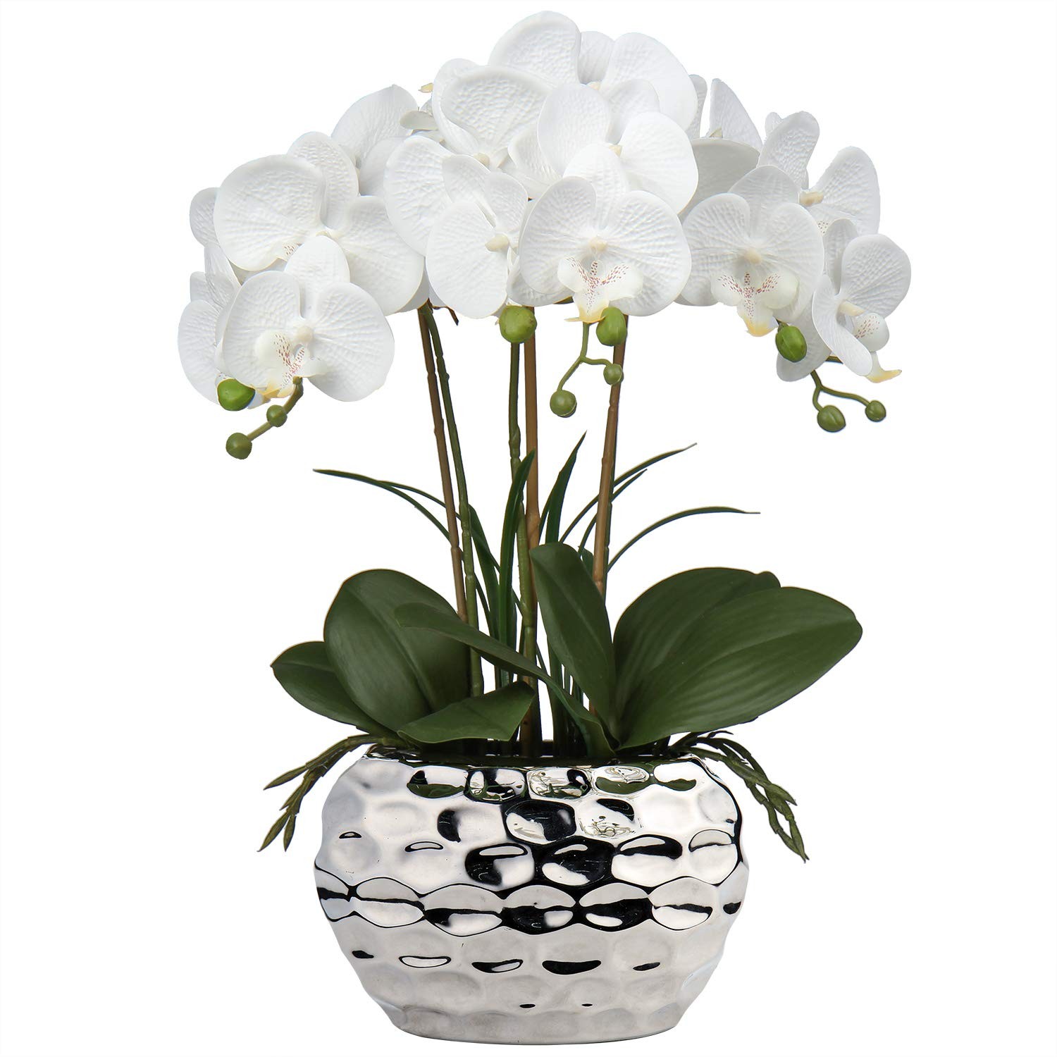 Orchids Artificial Flowers 18″ White Phalaenopsis Large Orchid with Silver Ce…