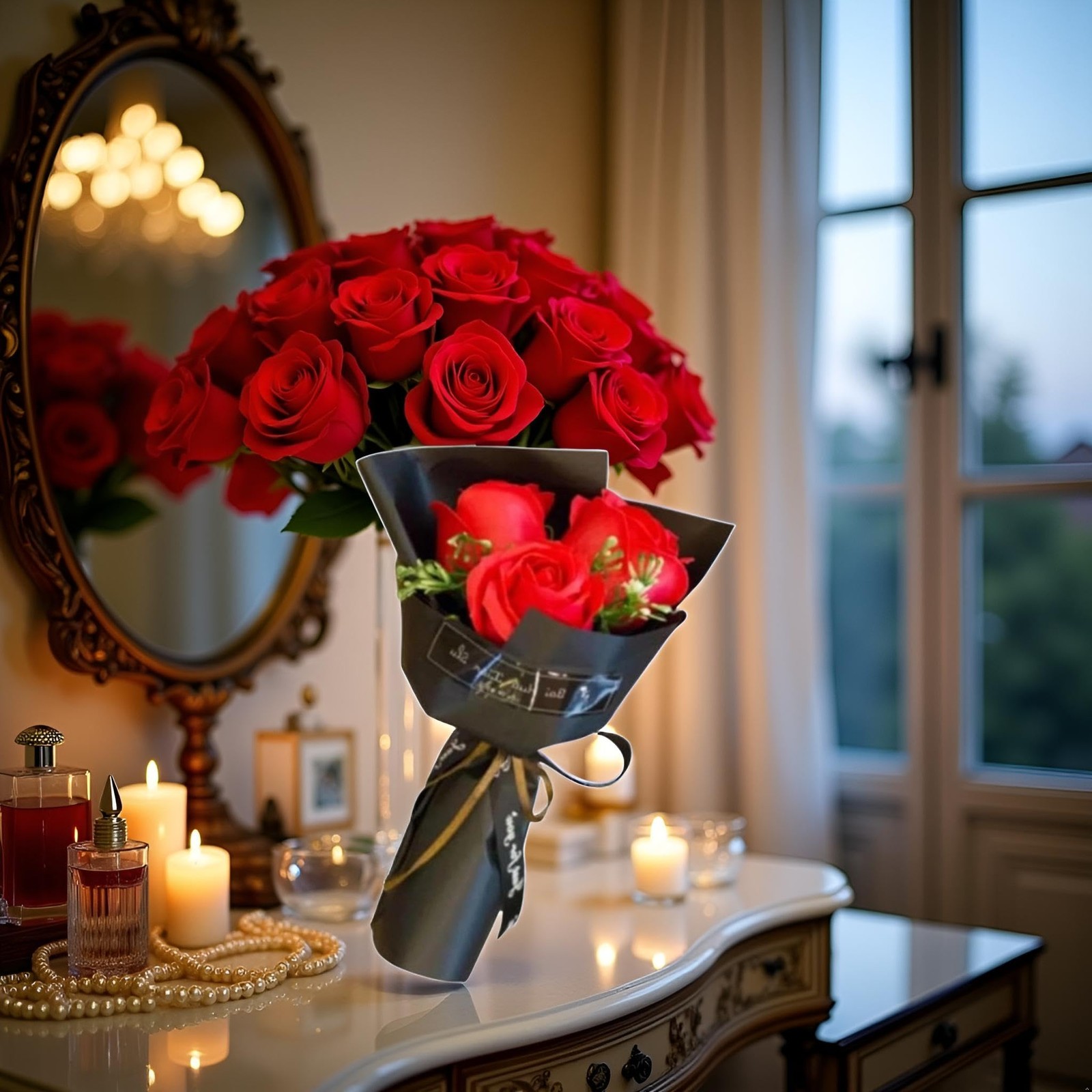 Red 3 Heads Artificial Rose Bouquet Soap Flower Petals Valentine Day Gifts fo…