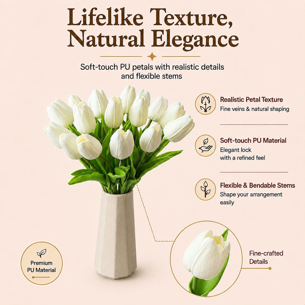 Artificial Tulips, White, 20pcs