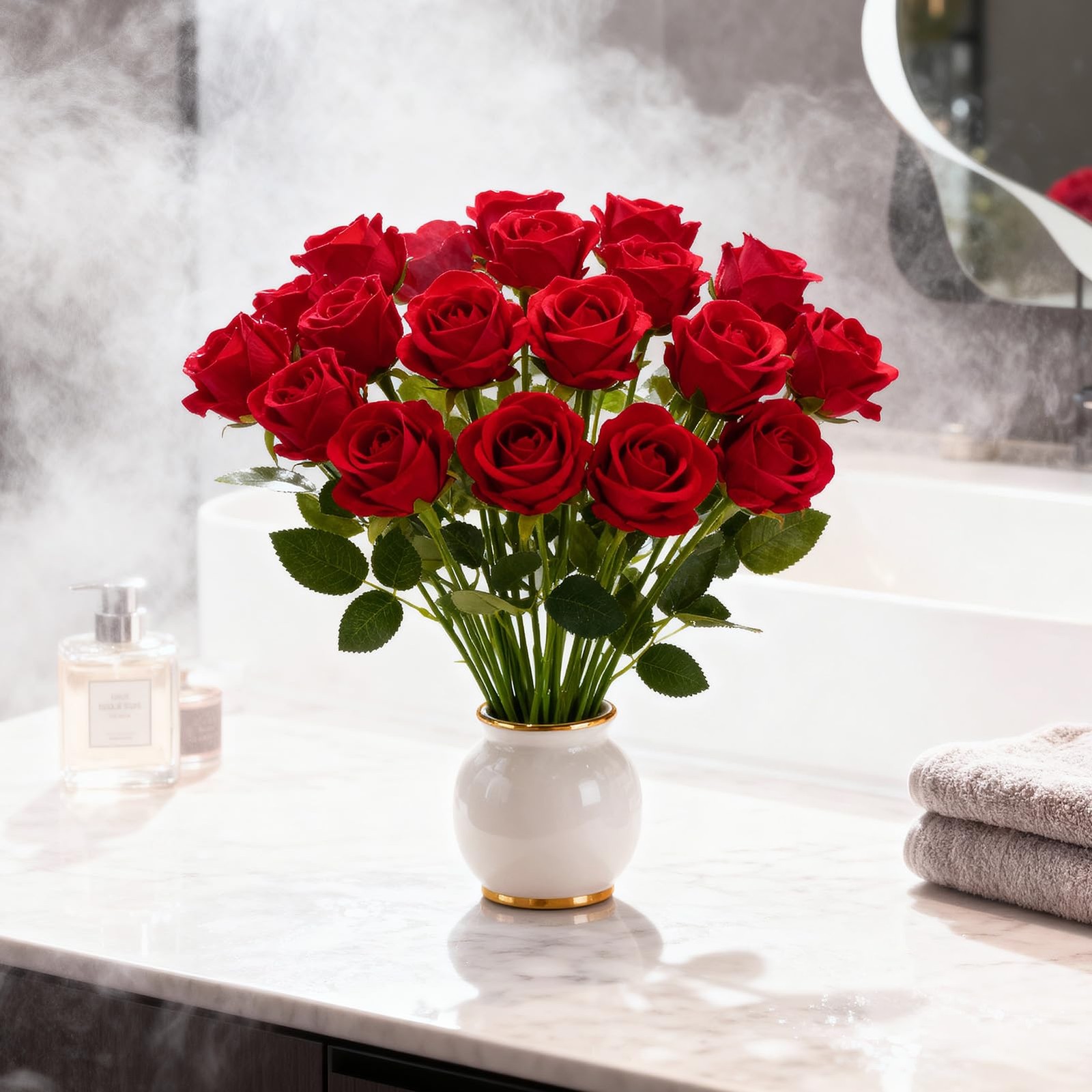 Fake Red Roses Set, 50 PCS Artificial Flowers Bulk, Realistic Silk Faux Rose …