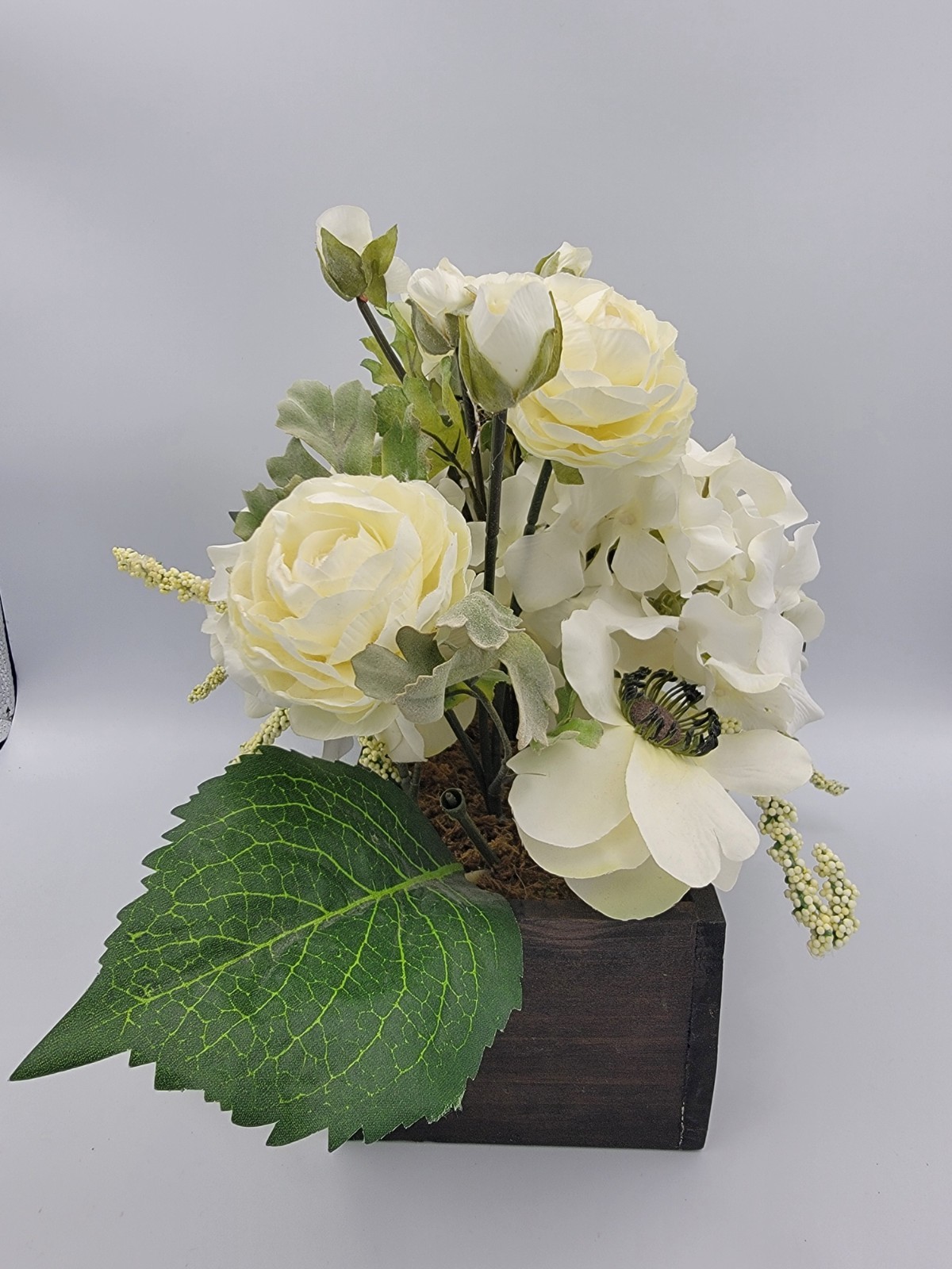 Faux Flowers Cream Peonies, Hydrangeas, Roses Ivy, Wood Box