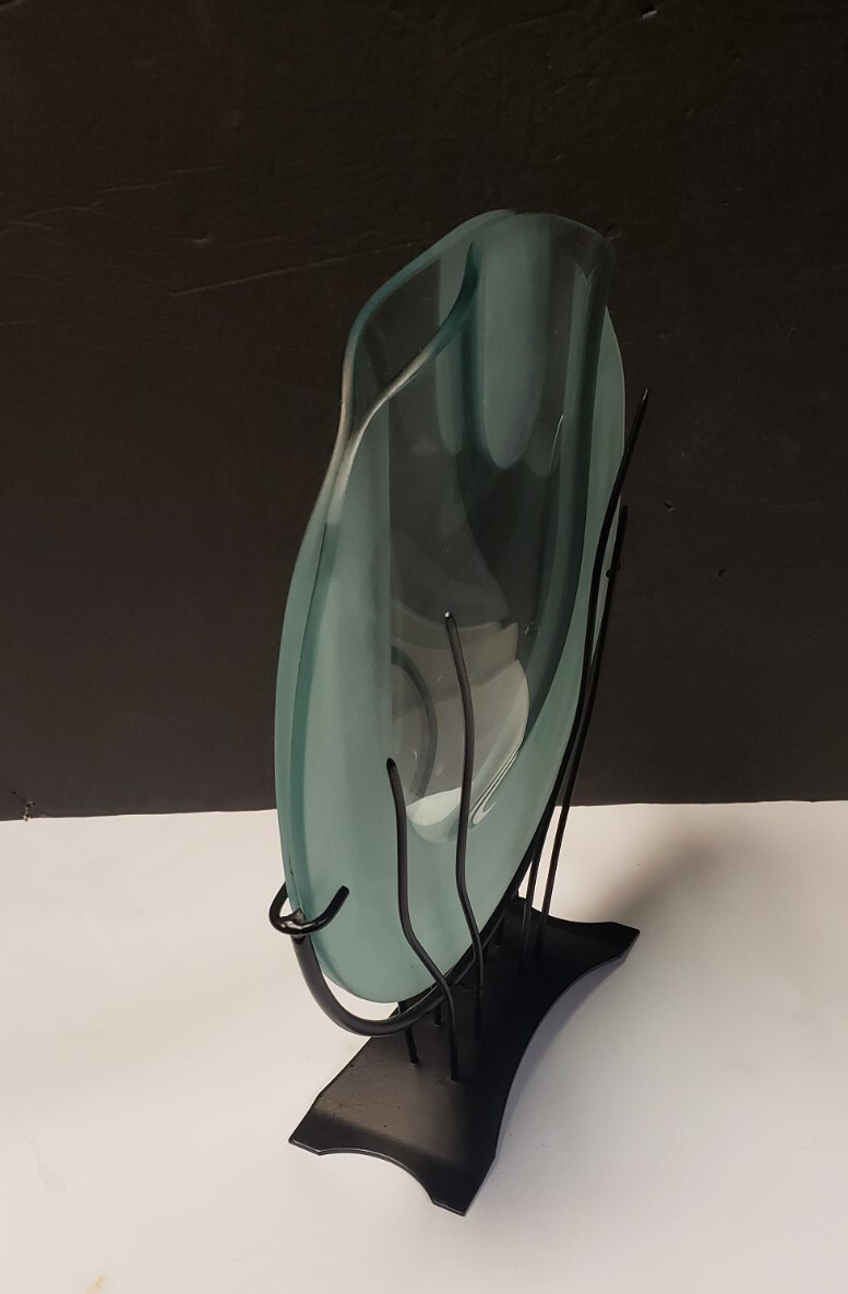Vintage Clear Art Glass Flower Vase with Black Metal Stand – Decorative Vase