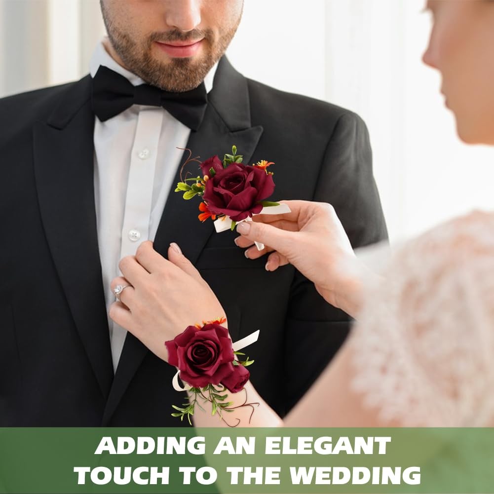 Wrist Corsage And Boutonniere Set Prom Artificial Flowers Wedding Red 2 PCS