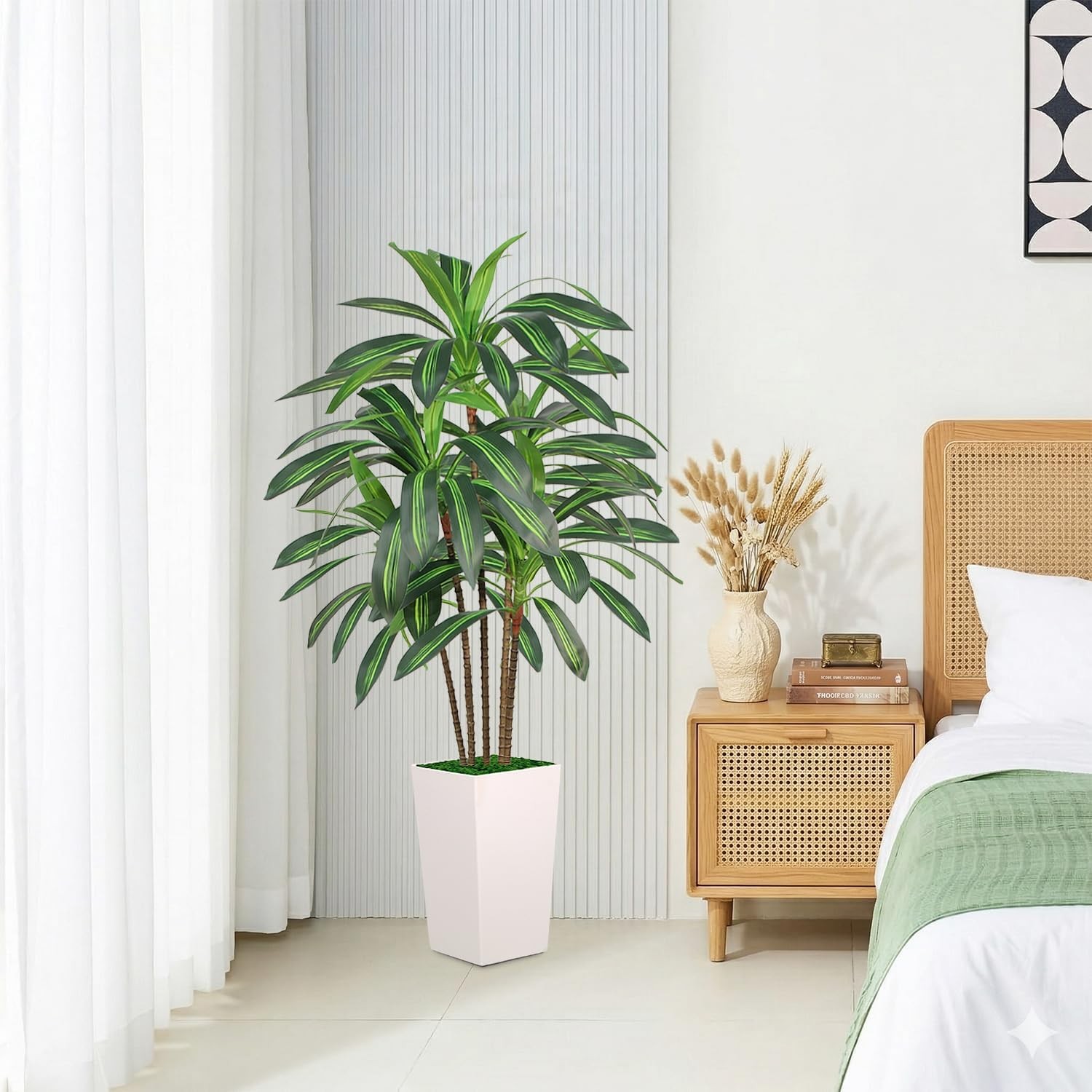 Artificial Dracaena Tree 5FT with White Tall Planter, Realistic Faux Tropical