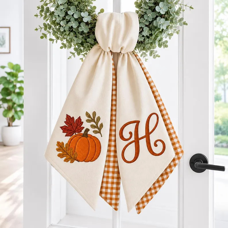 Custom Embroidered Monogrammed Pumpkin Wreath Sash Autumn Thanksgiving Decor