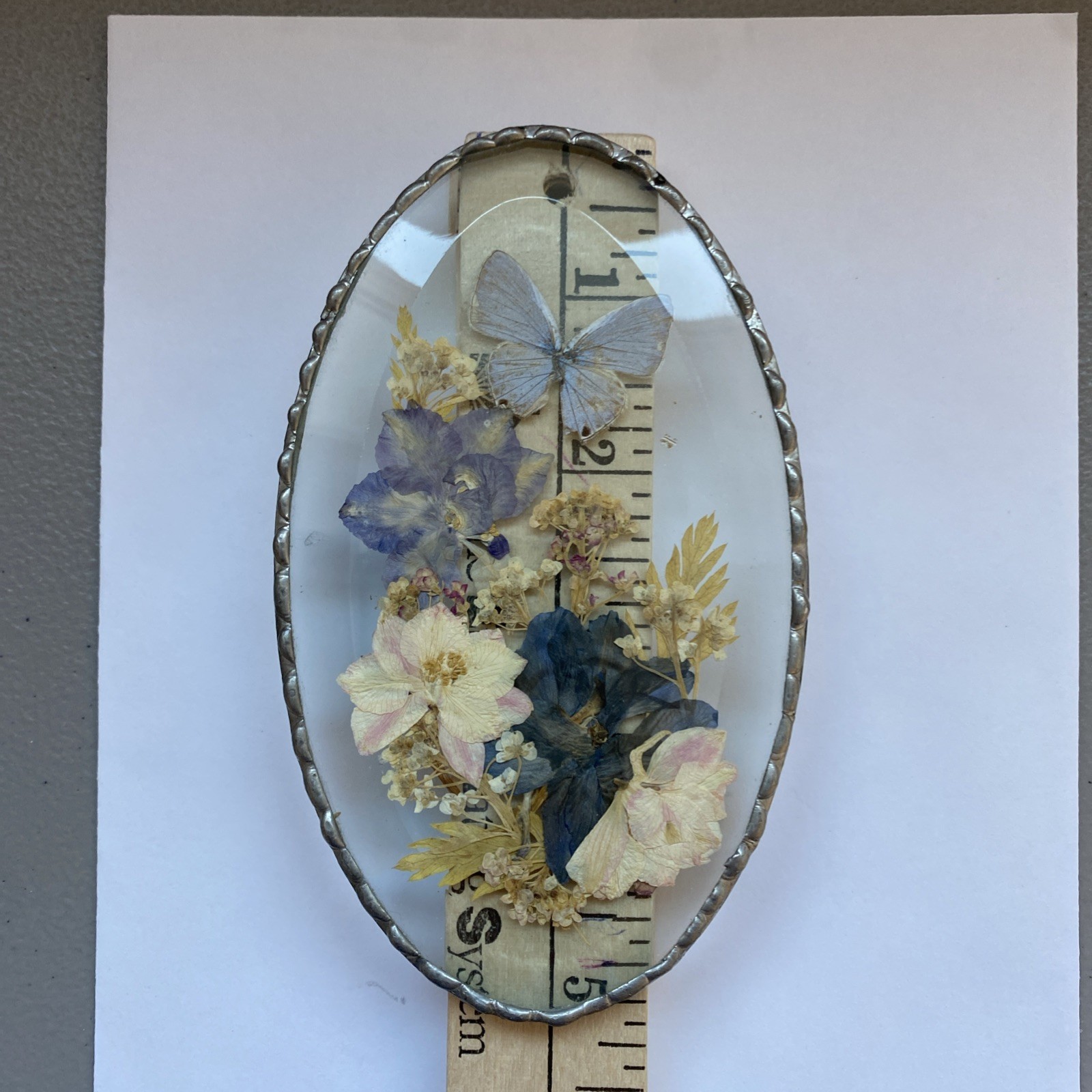 Vintage Pressed In Glass Butterfly & Flowers Pewter Frame Plaque Or Suncatcher